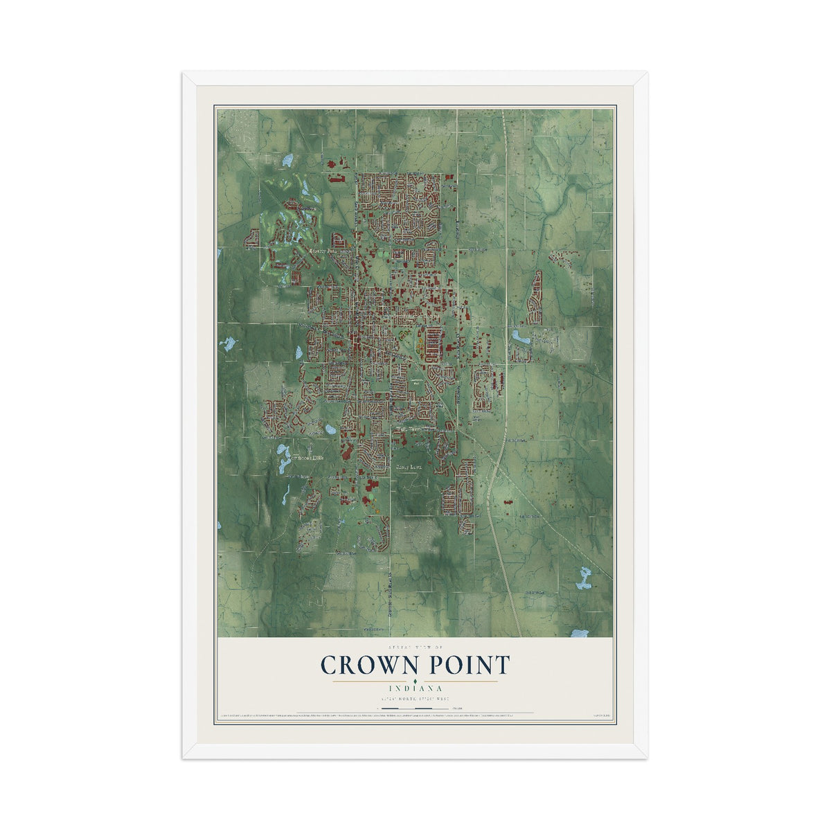 Map of Crown Point, Indiana, 12 x 18 inch print in a white wood frame