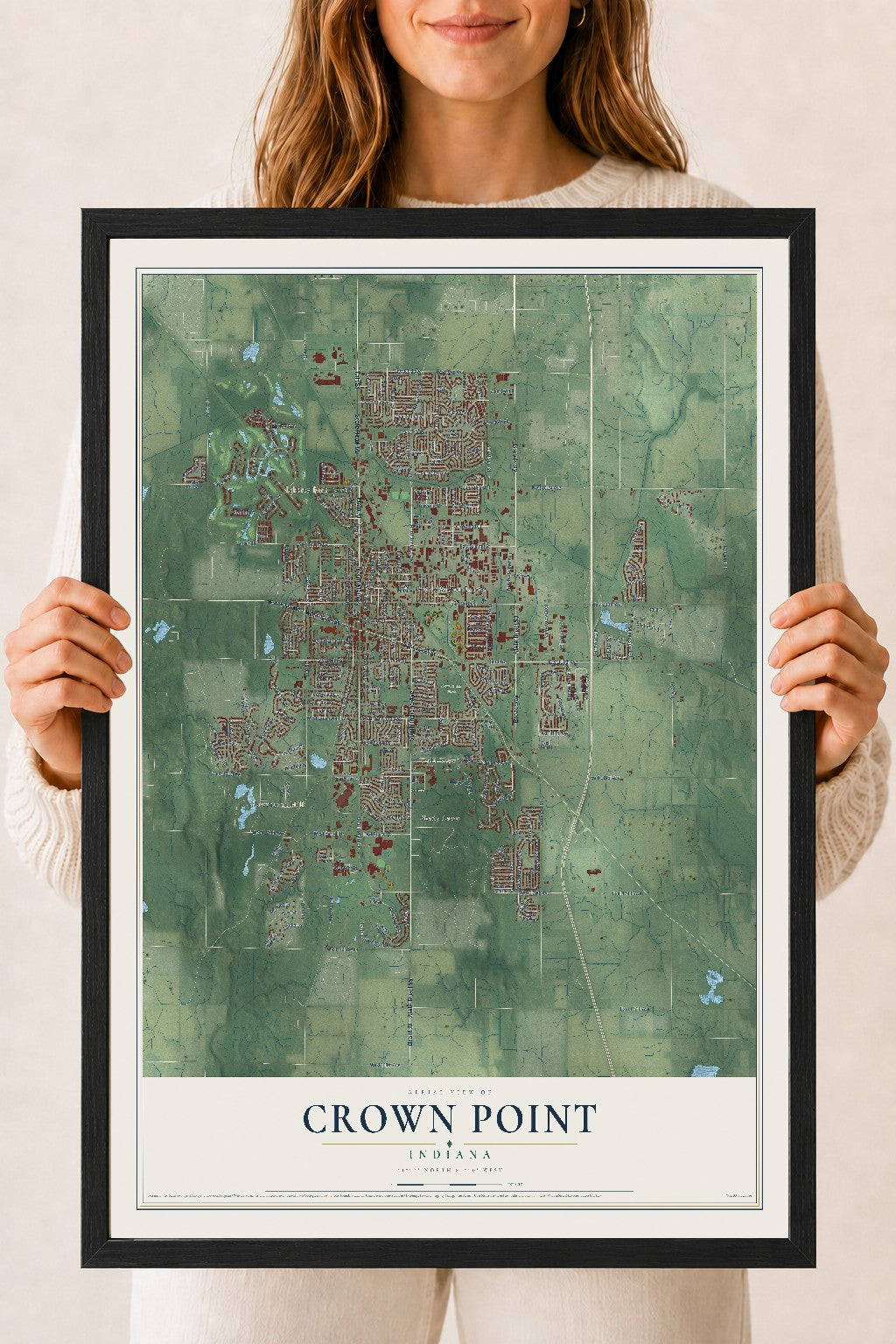 Map of Crown Point, Indiana, 18 x 24 inch print in a black wood frame