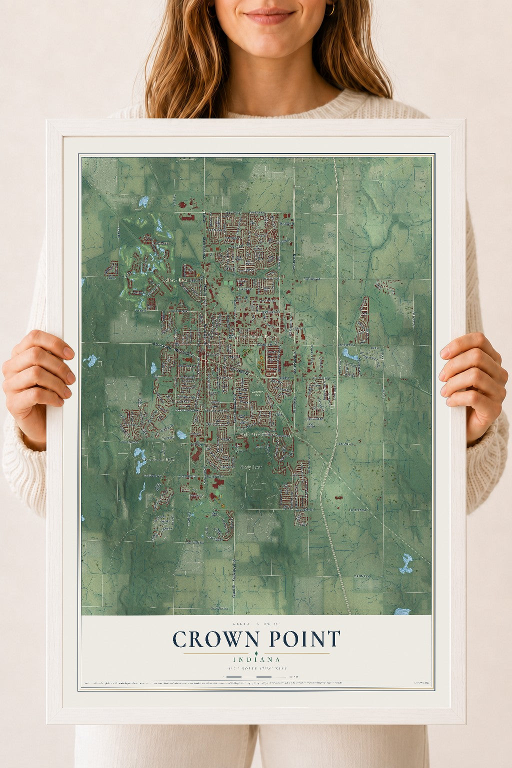 Map of Crown Point, Indiana, 18 x 24 inch print in a white wood frame