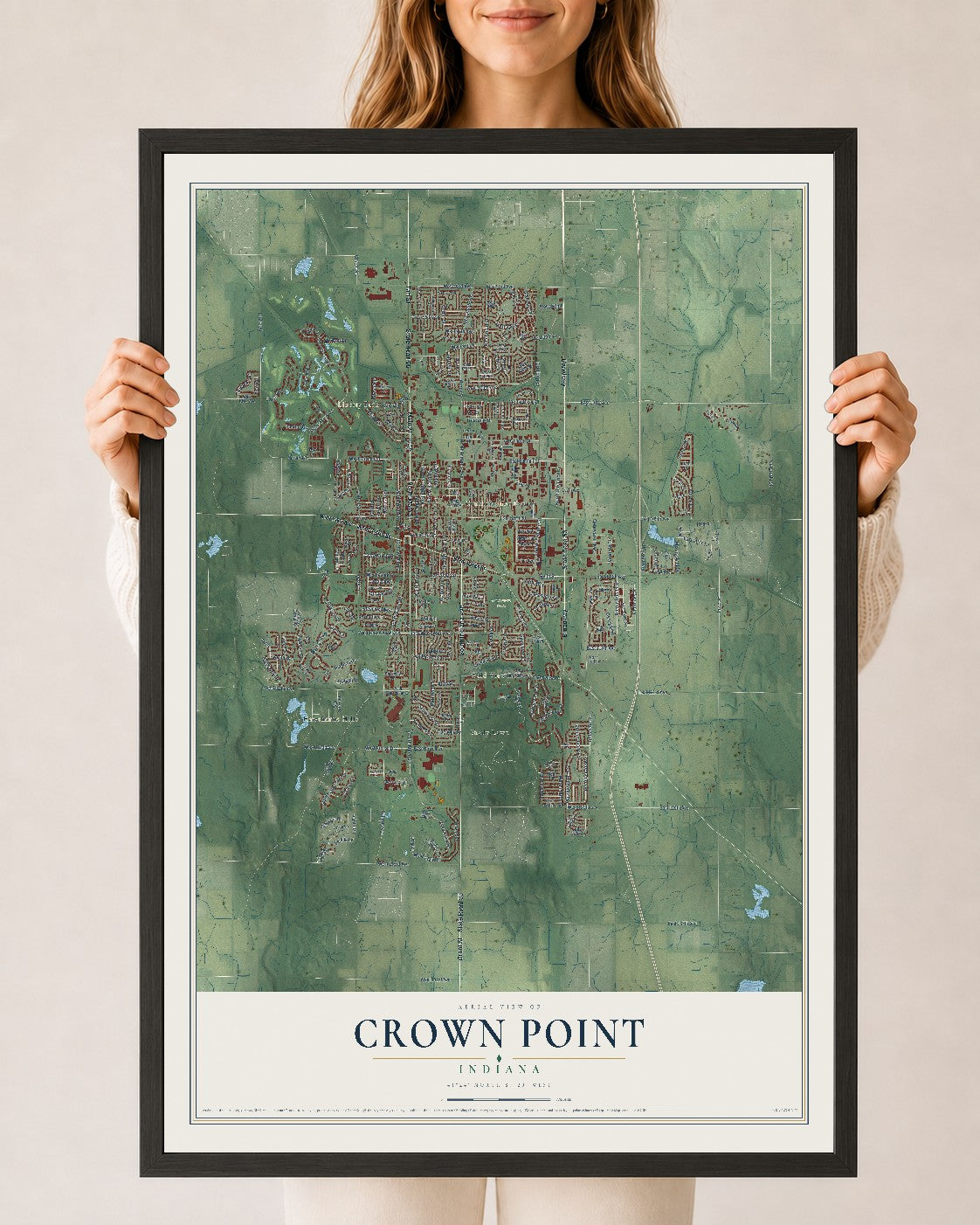 Map of Crown Point, Indiana, 24 x 36 inch print in a black wood frame