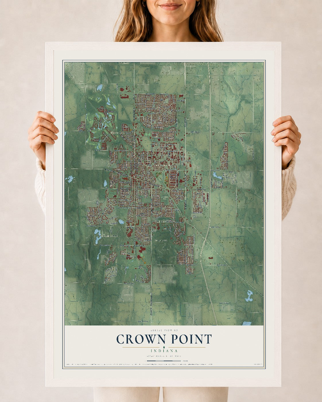 Map of Crown Point, Indiana, 24 x 36 inch print in a white wood frame
