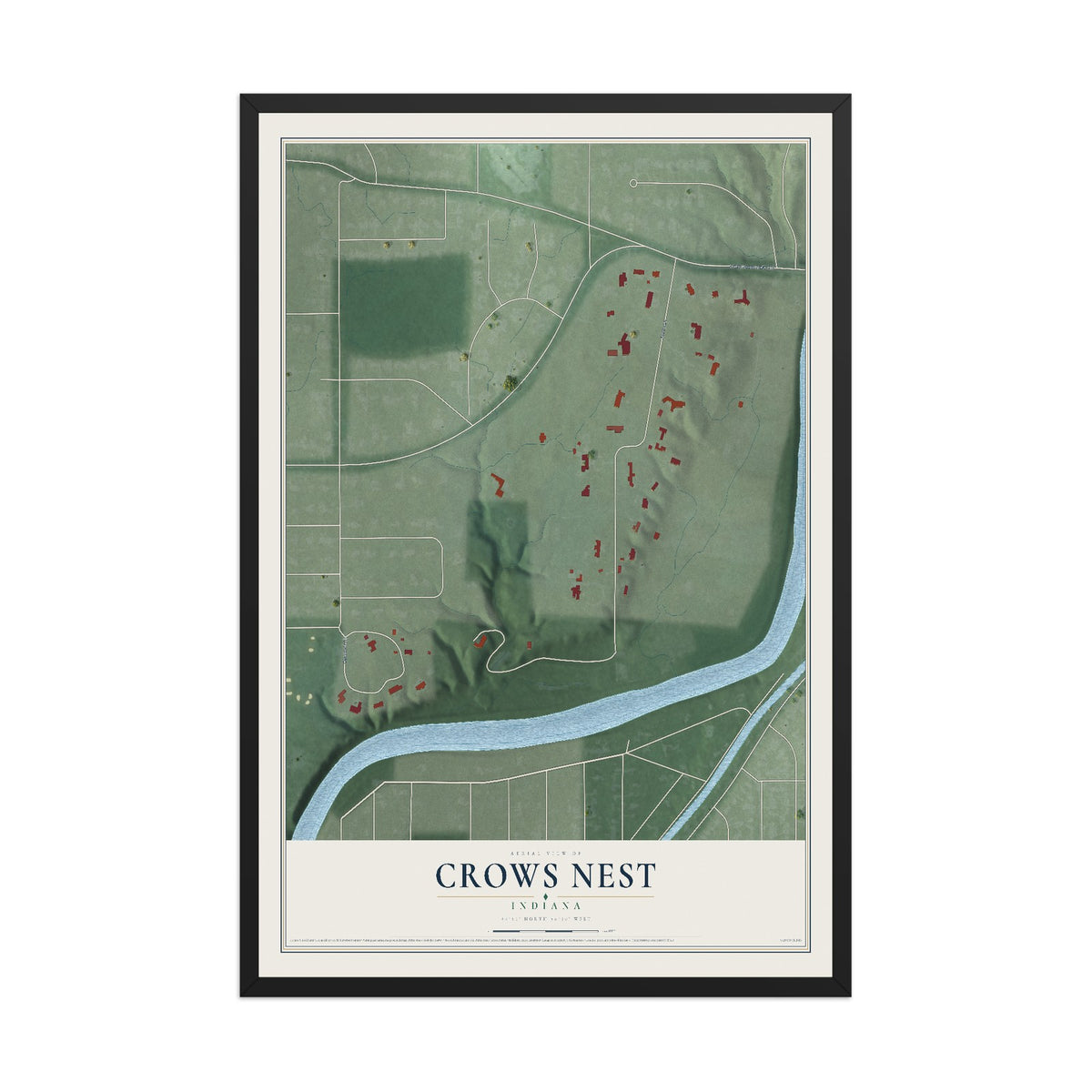 Map of Crows Nest, Indiana, 12 x 18 inch print in a black wood frame