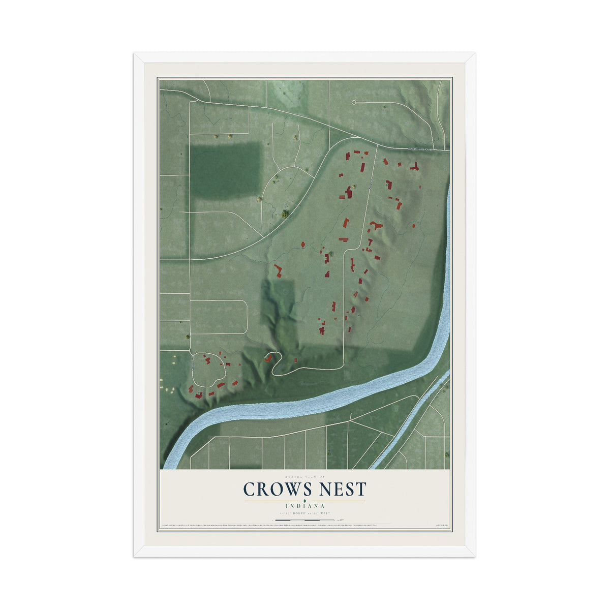 Map of Crows Nest, Indiana, 12 x 18 inch print in a white wood frame