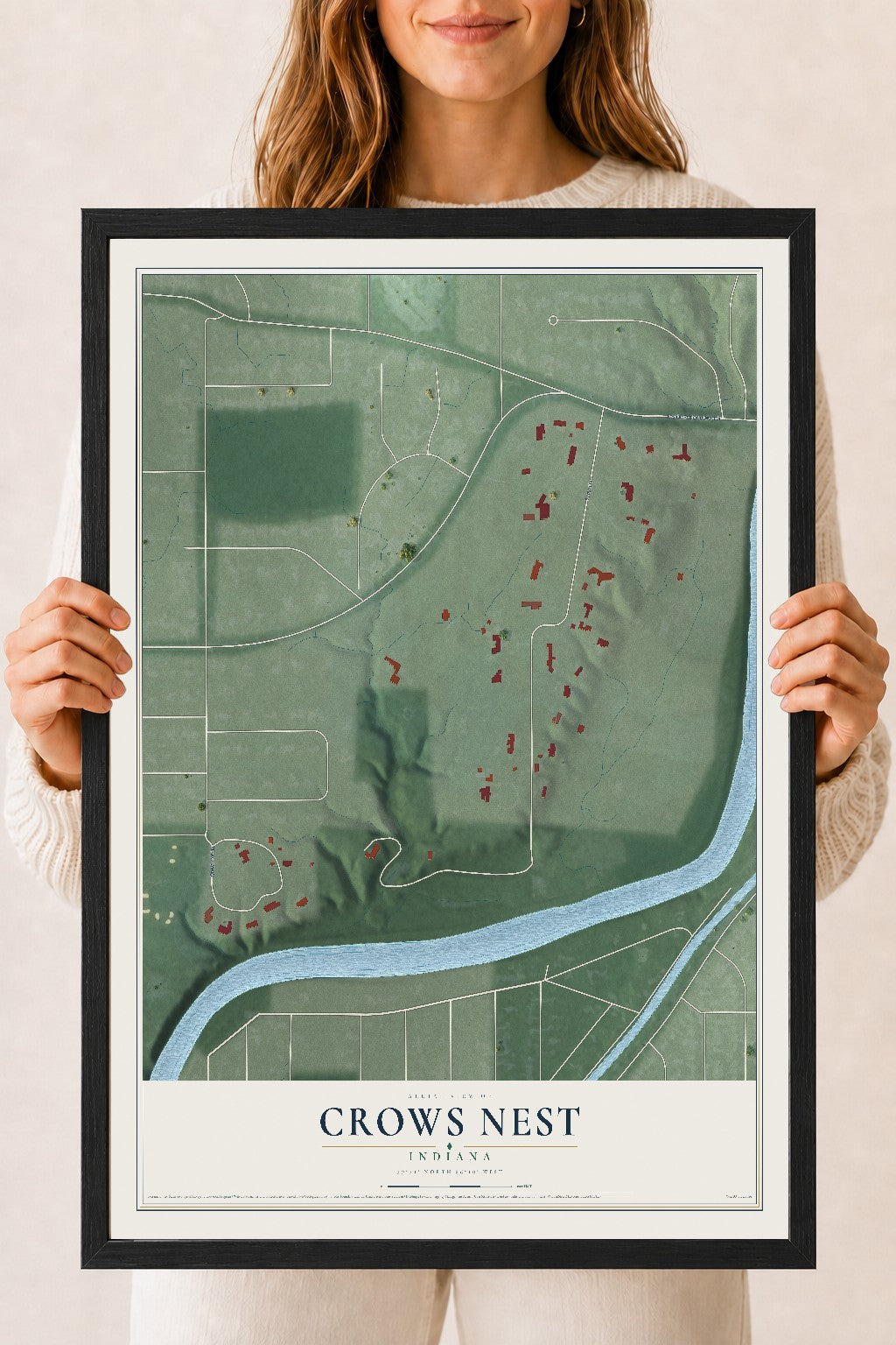 Map of Crows Nest, Indiana, 18 x 24 inch print in a black wood frame