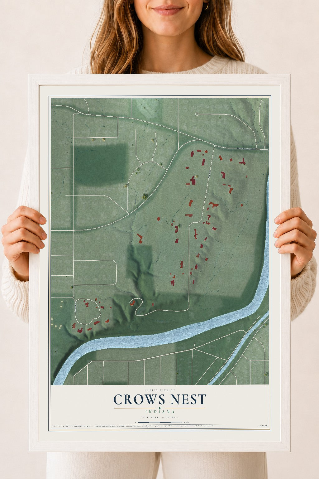 Map of Crows Nest, Indiana, 18 x 24 inch print in a white wood frame