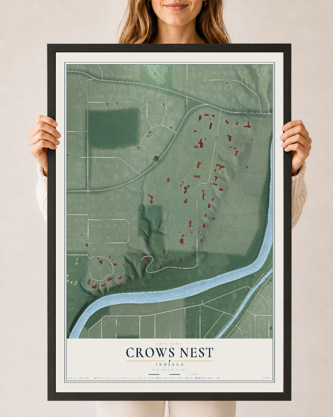 Map of Crows Nest, Indiana, 24 x 36 inch print in a black wood frame