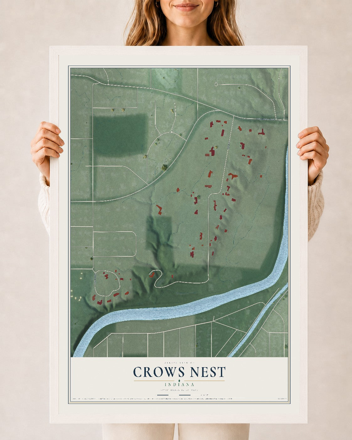 Map of Crows Nest, Indiana, 24 x 36 inch print in a white wood frame