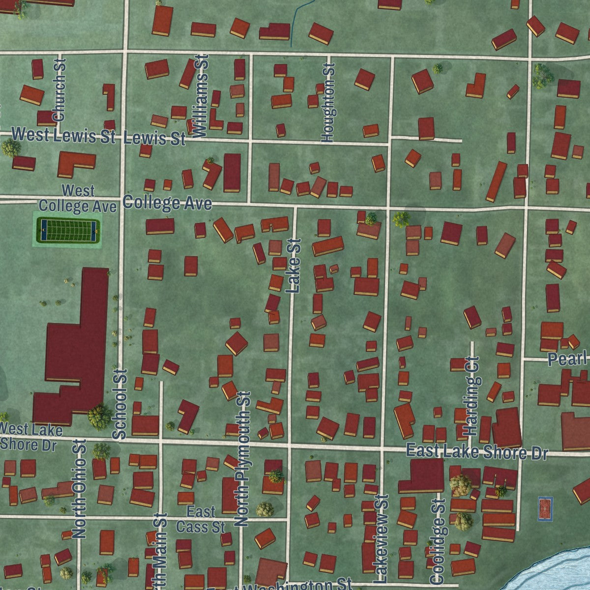 Close-up of the map of Culver, Indiana print showing street and building detail