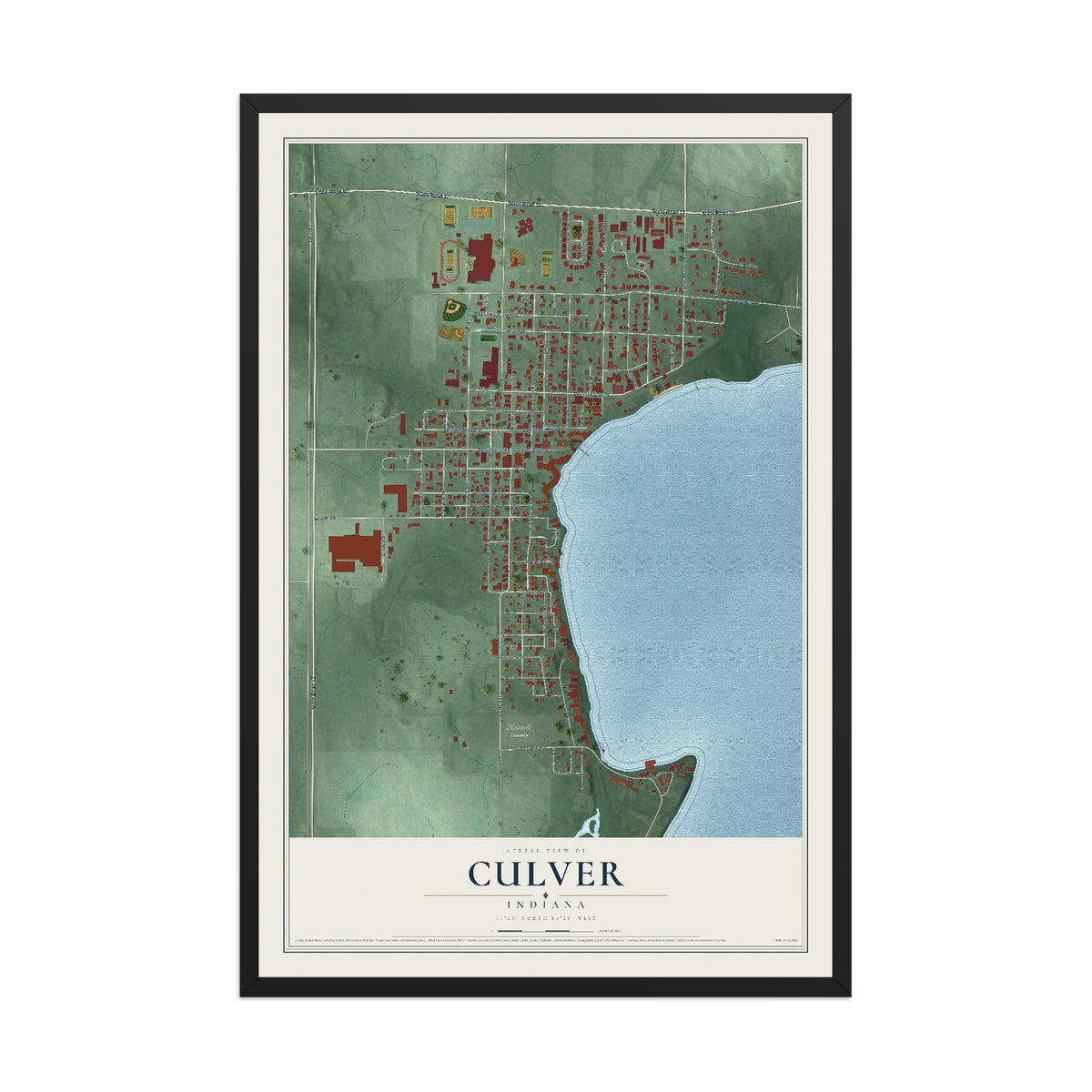 Map of Culver, Indiana, 12 x 18 inch print in a black wood frame