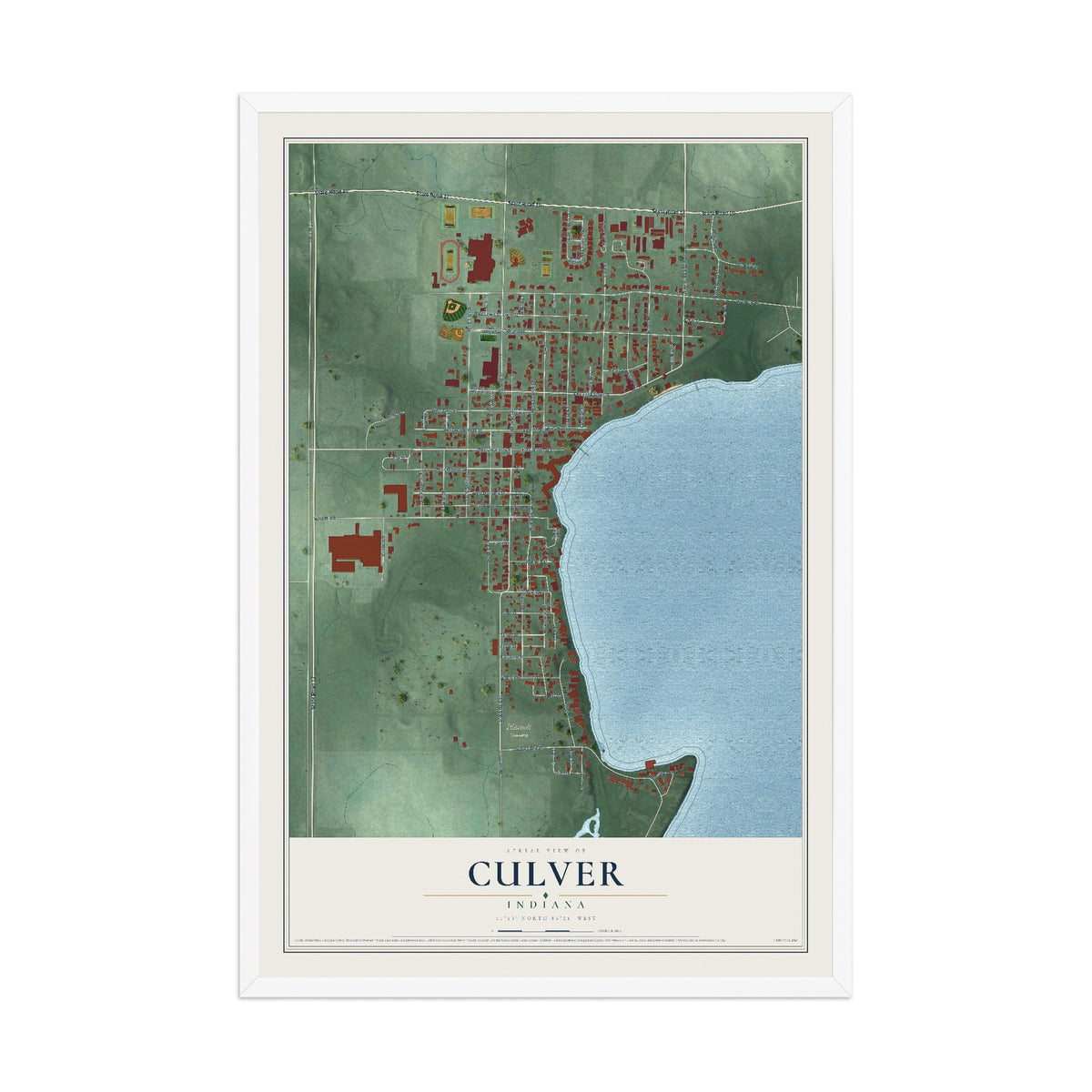 Map of Culver, Indiana, 12 x 18 inch print in a white wood frame