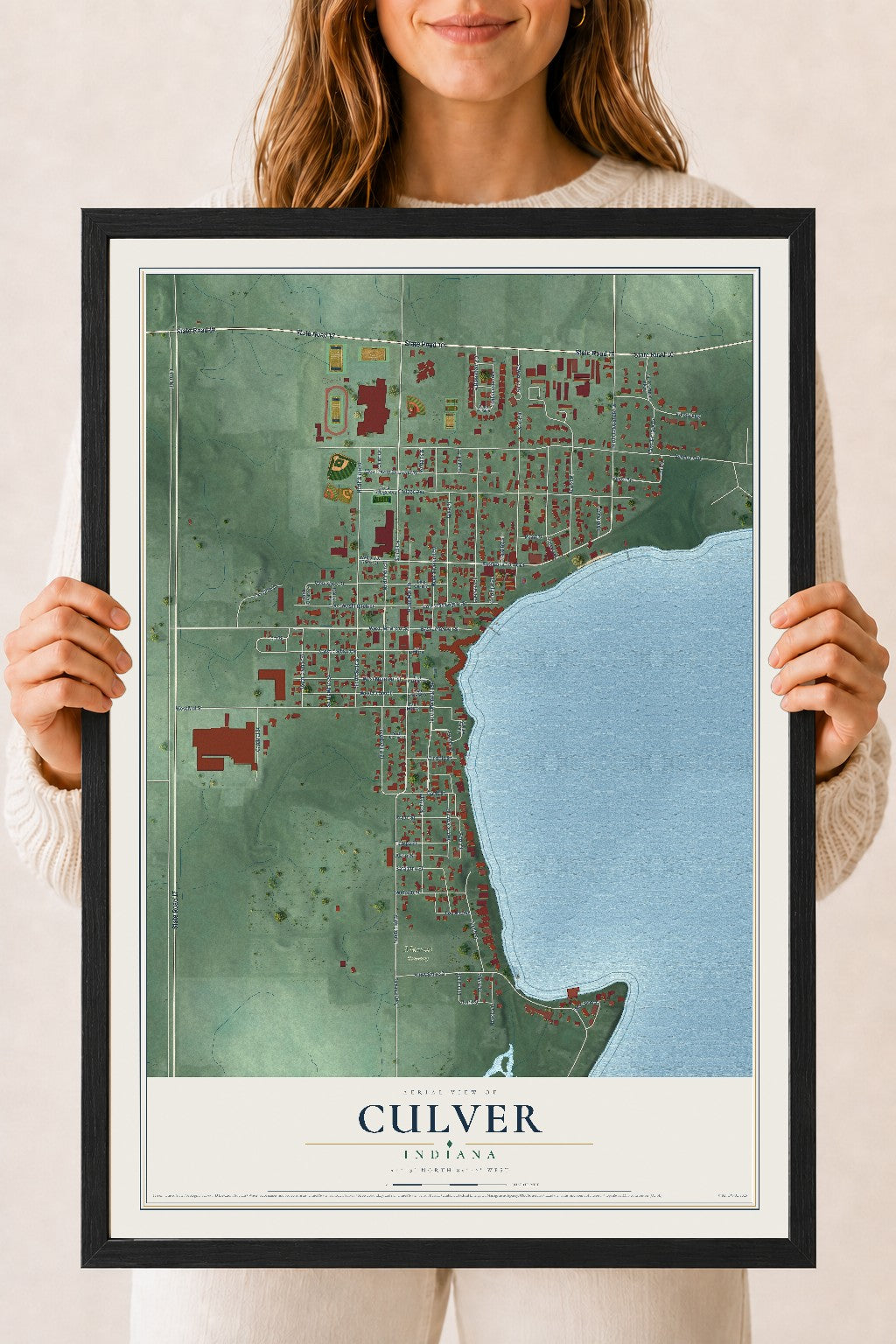 Map of Culver, Indiana, 18 x 24 inch print in a black wood frame