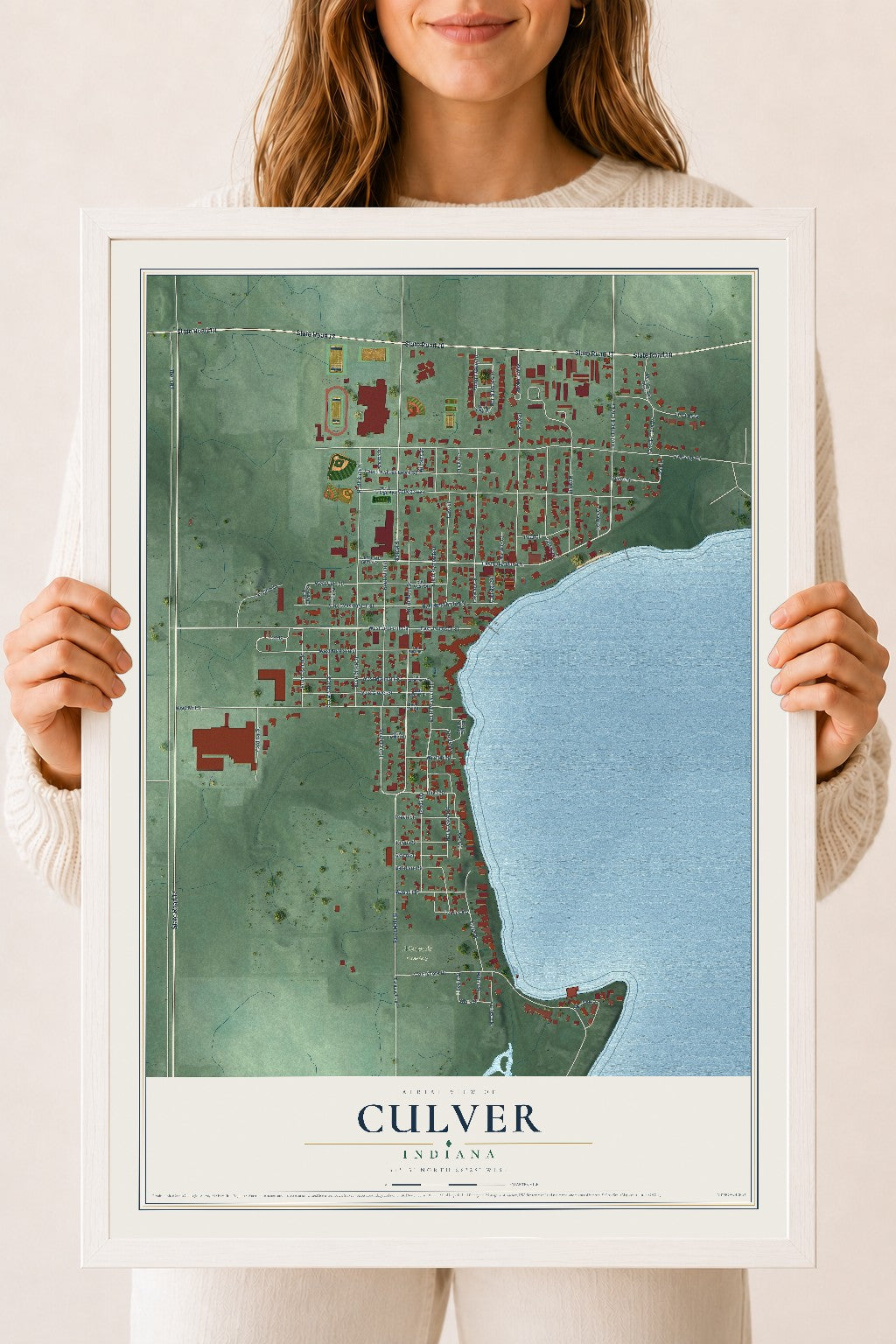 Map of Culver, Indiana, 18 x 24 inch print in a white wood frame