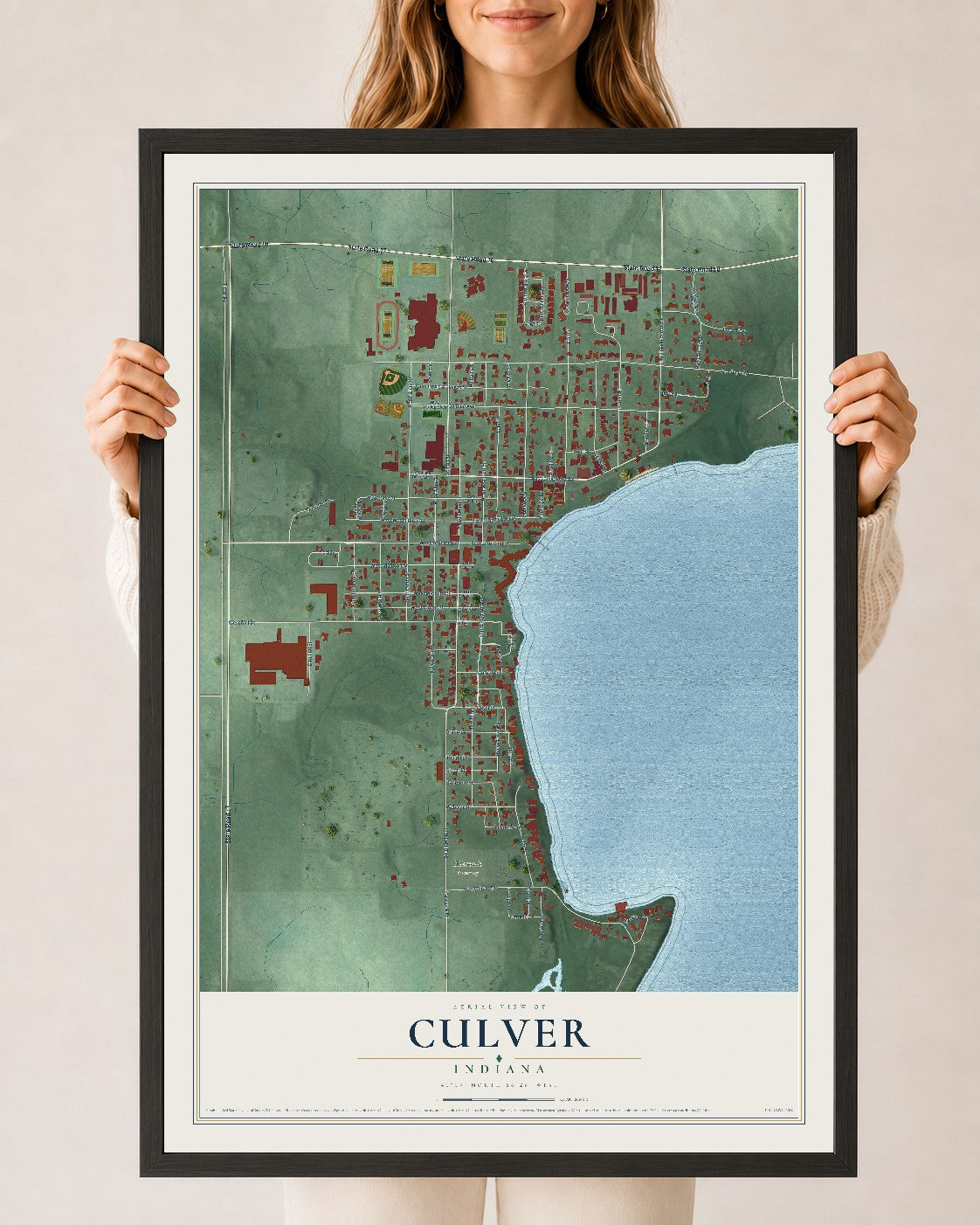 Map of Culver, Indiana, 24 x 36 inch print in a black wood frame