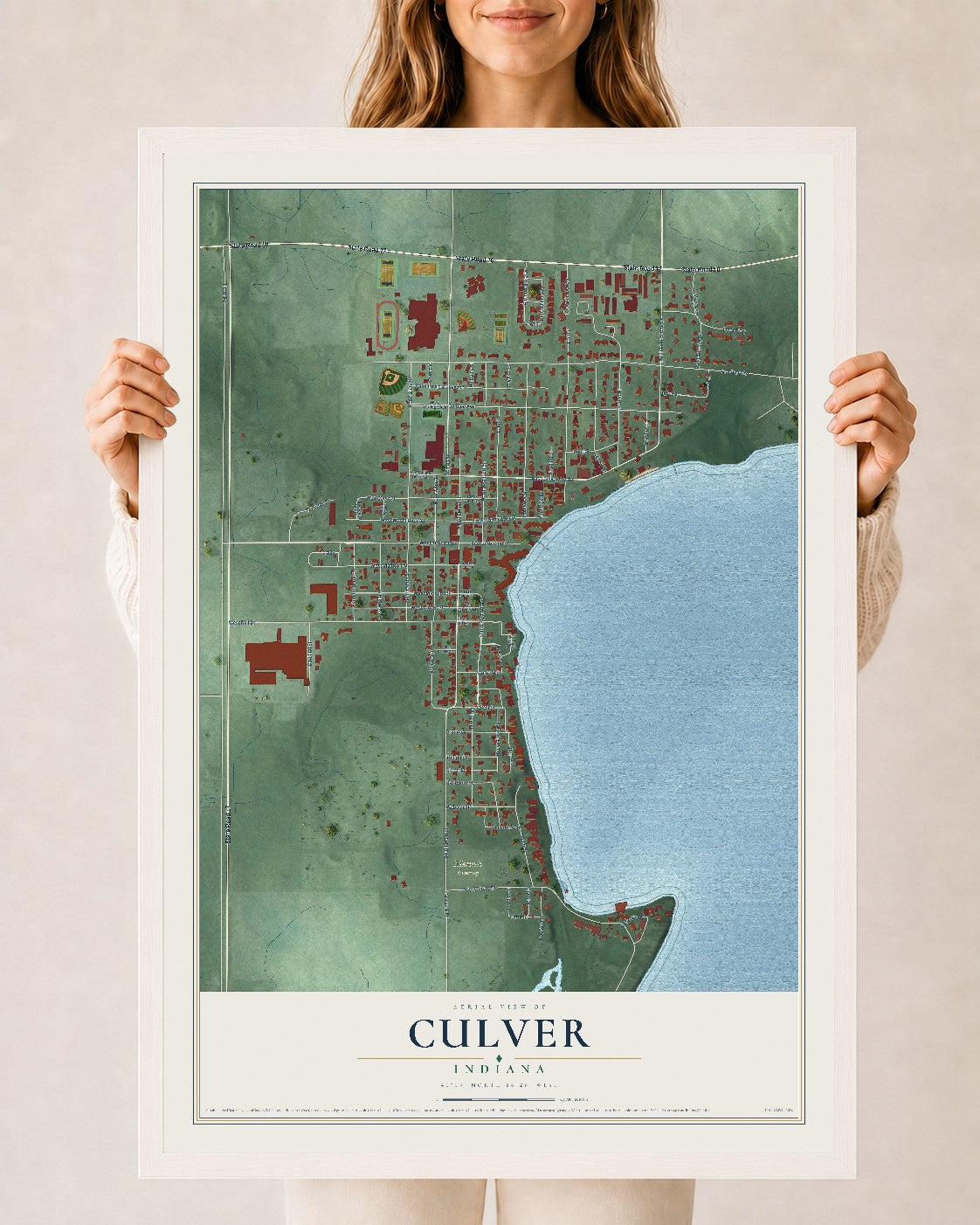 Map of Culver, Indiana, 24 x 36 inch print in a white wood frame