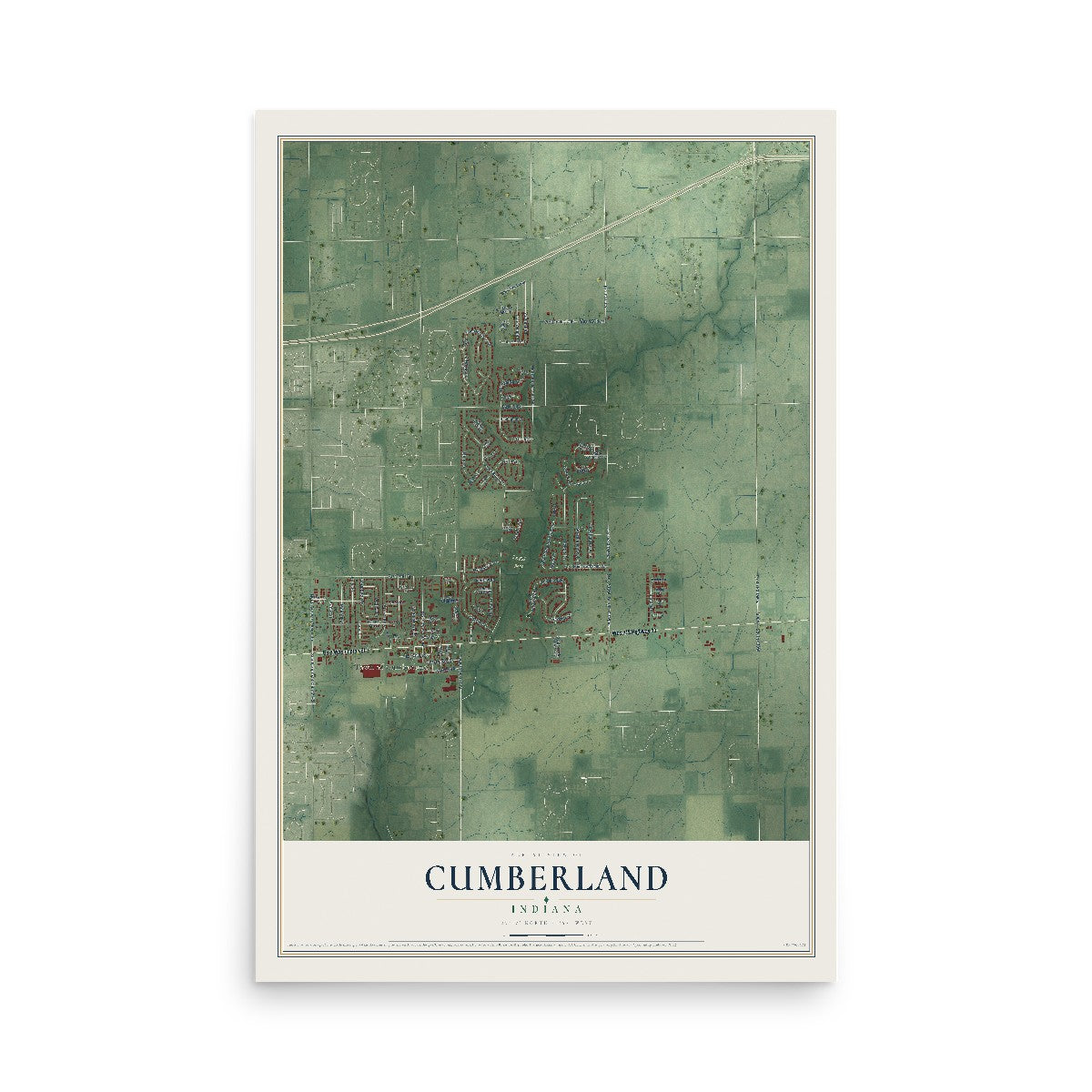 Map of Cumberland, Indiana, 12 x 18 inch unframed archival matte print