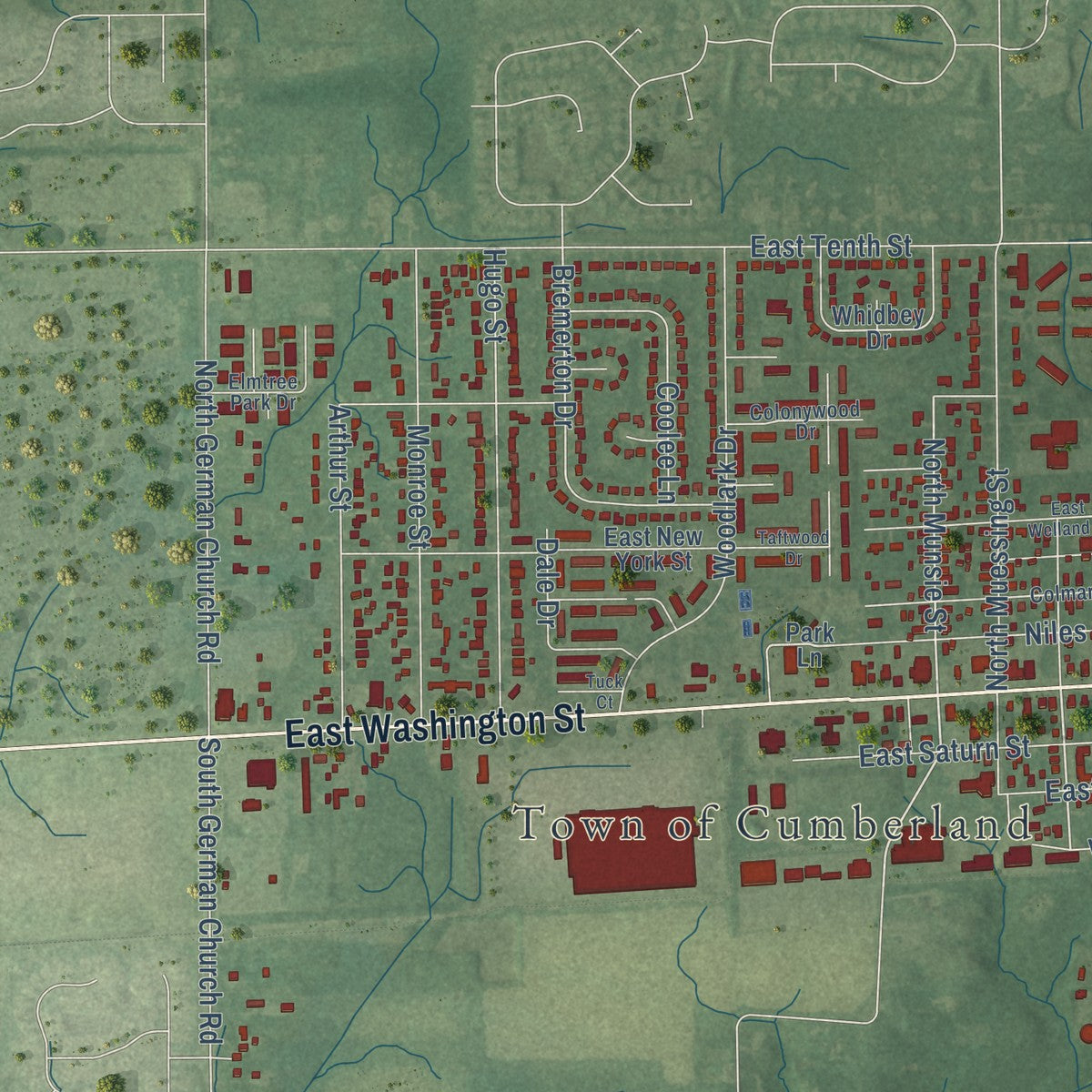 Close-up of the map of Cumberland, Indiana print showing street and building detail