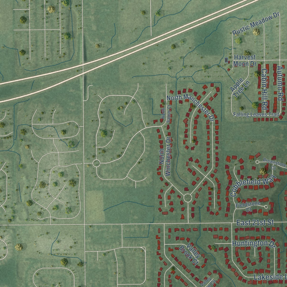 Second close-up of the map of Cumberland, Indiana print showing more streets and buildings