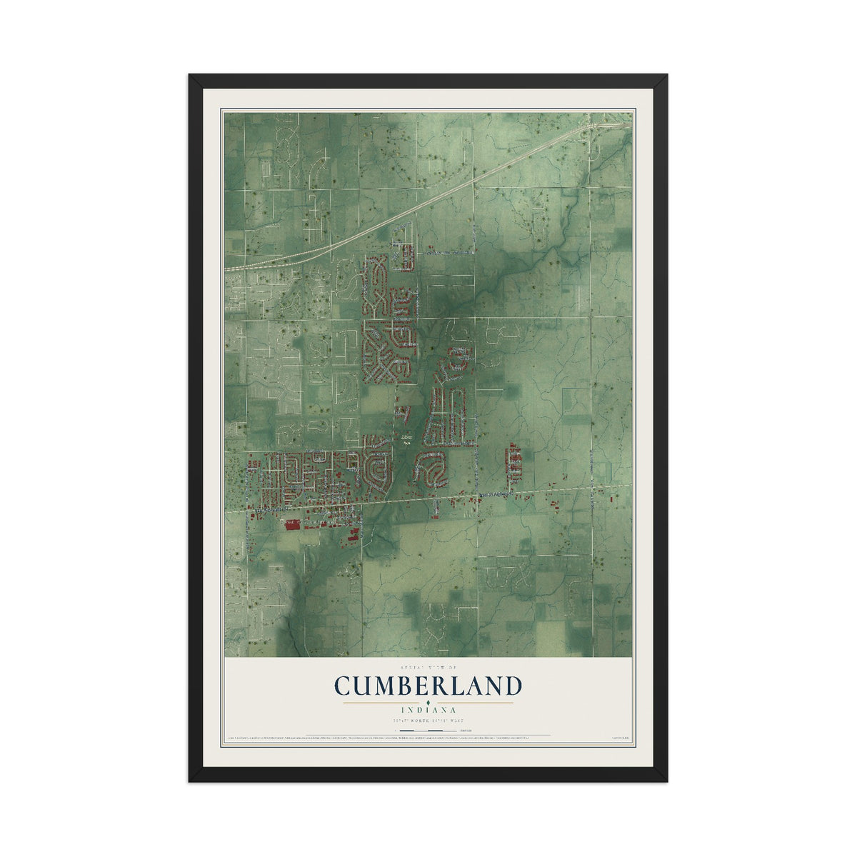 Map of Cumberland, Indiana, 12 x 18 inch print in a black wood frame
