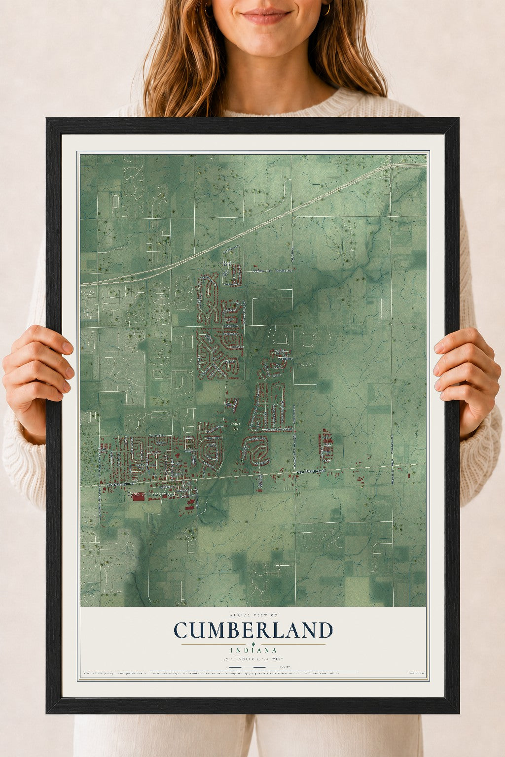 Map of Cumberland, Indiana, 18 x 24 inch print in a black wood frame