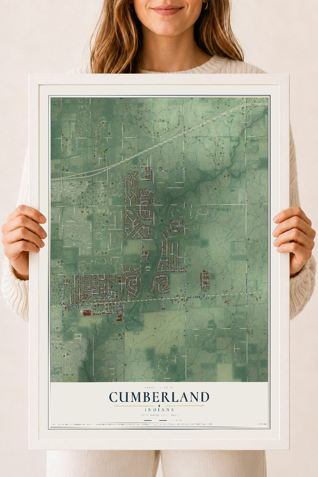 Map of Cumberland, Indiana, 18 x 24 inch print in a white wood frame