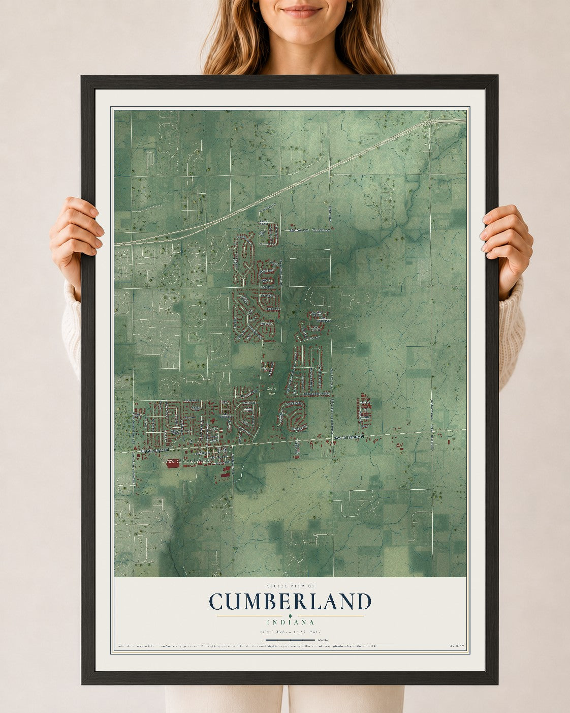 Map of Cumberland, Indiana, 24 x 36 inch print in a black wood frame
