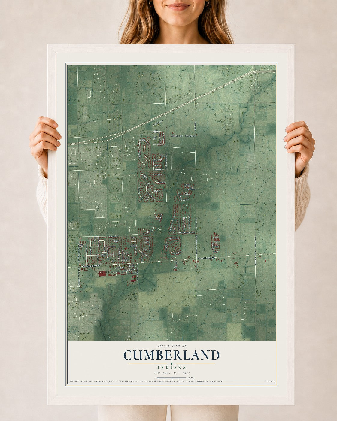Map of Cumberland, Indiana, 24 x 36 inch print in a white wood frame