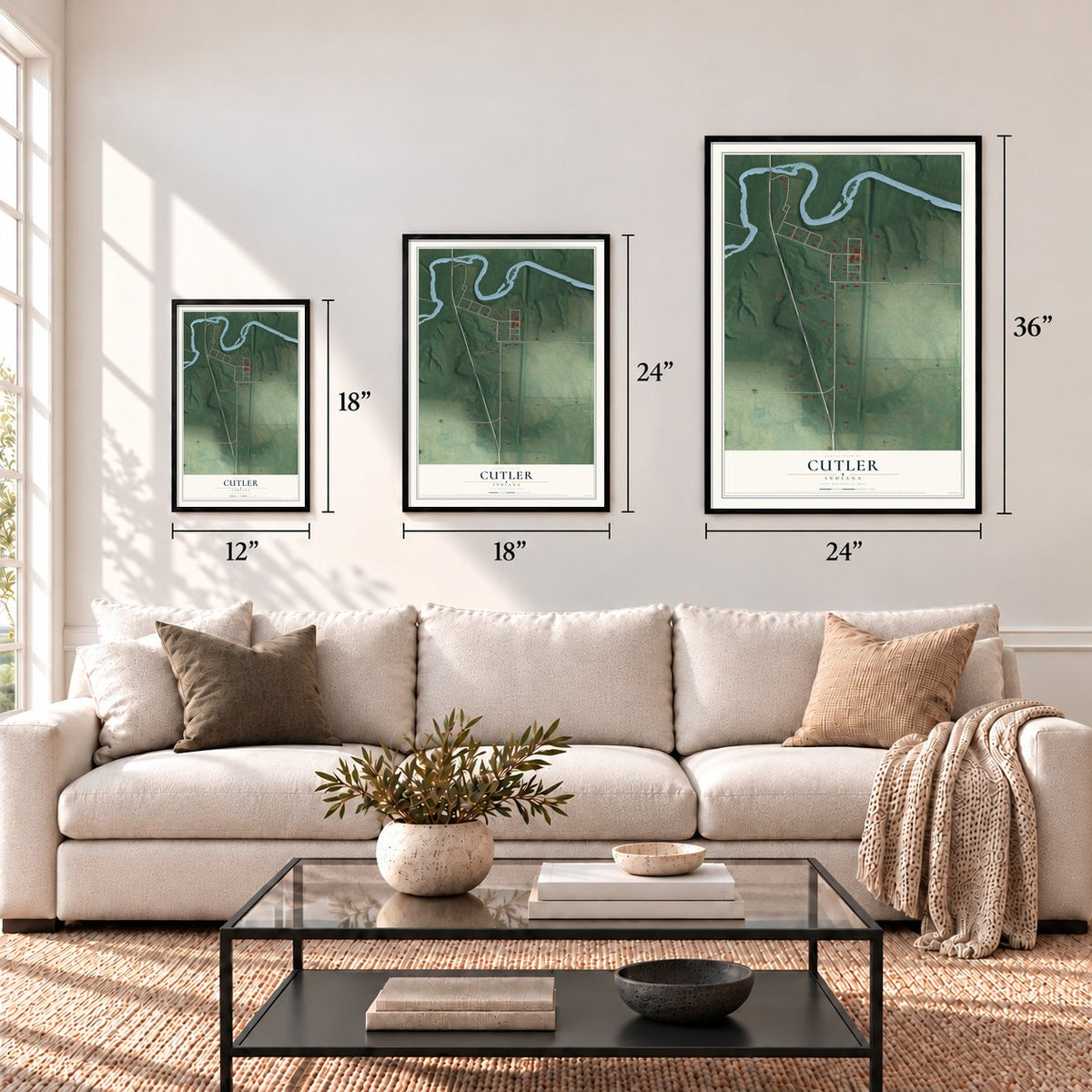 Cutler, Indiana map in 12 x 18, 18 x 24 and 24 x 36 inch sizes above a sofa