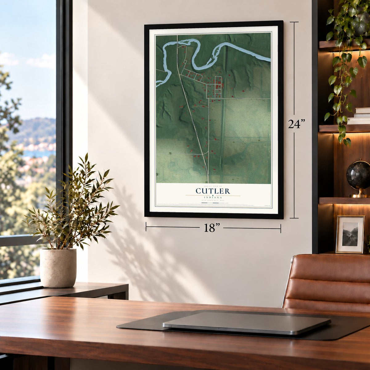Cutler, Indiana map, 18 x 24 inch print in a black frame in a home office