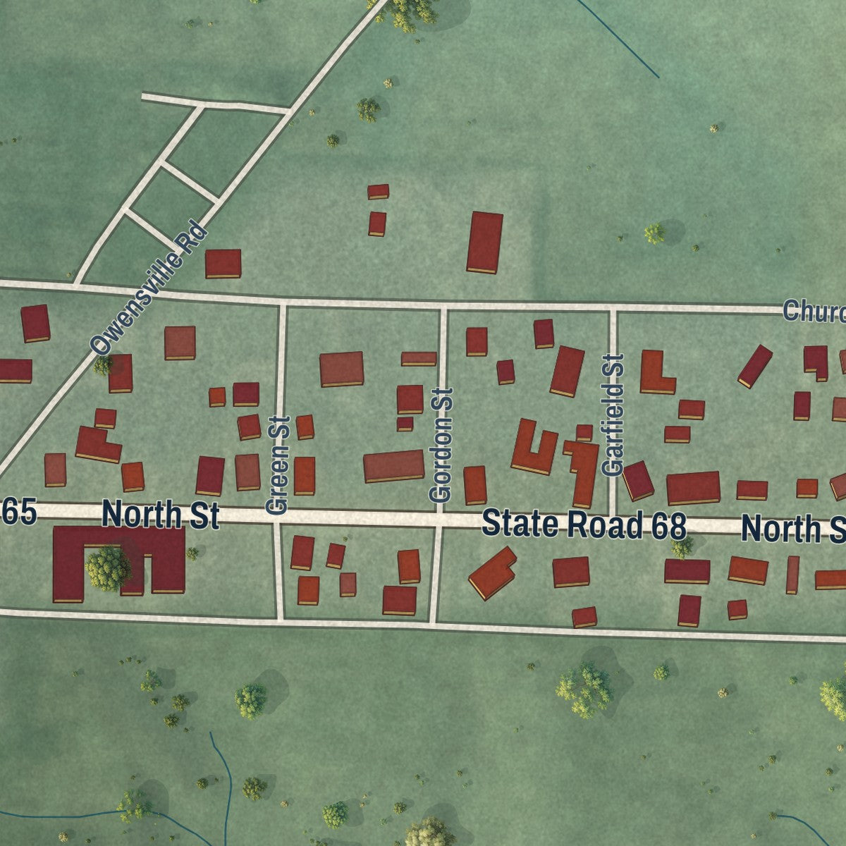 Second close-up of the map of Cynthiana, Indiana print showing more streets and buildings