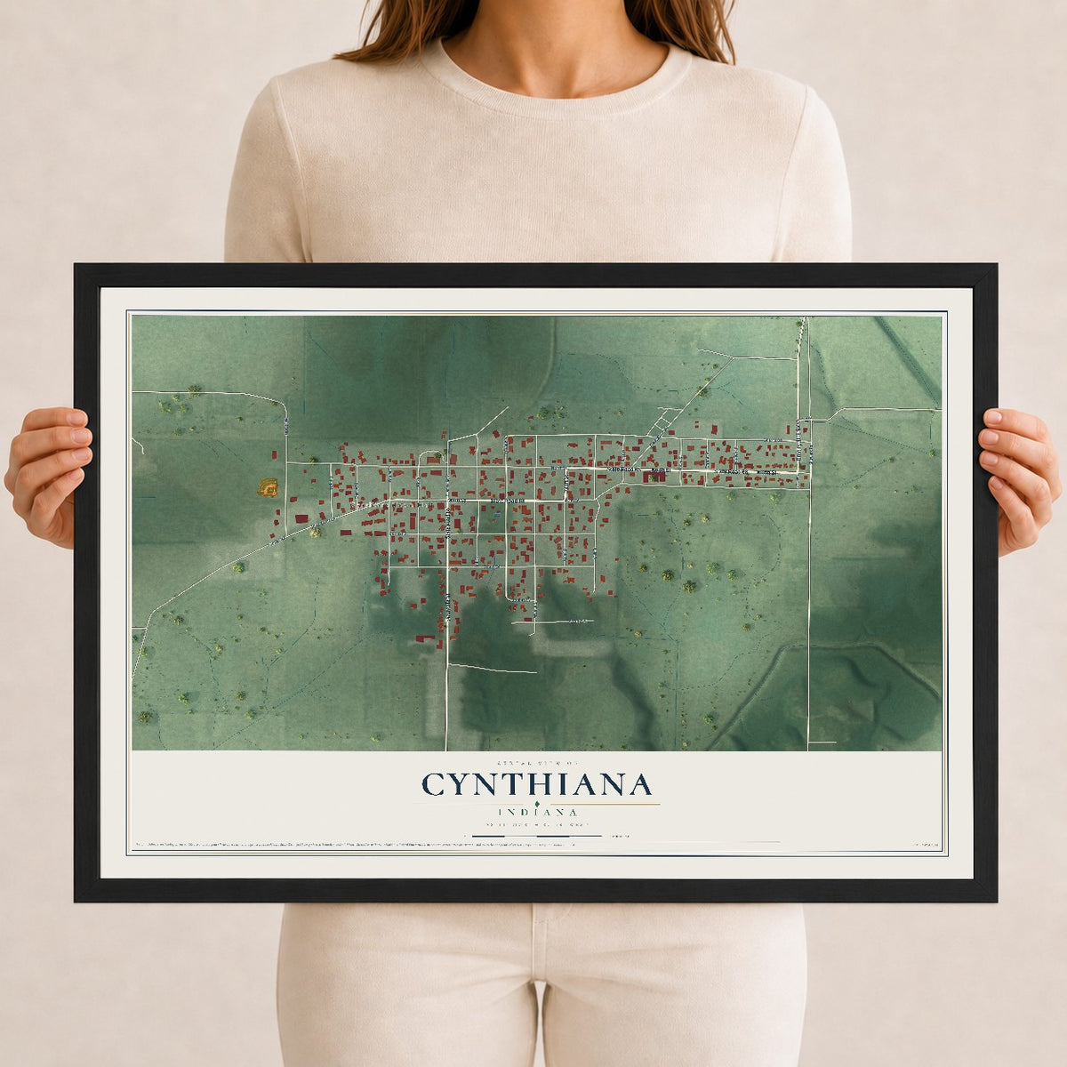 Map of Cynthiana, Indiana, 12 x 18 inch print in a black wood frame