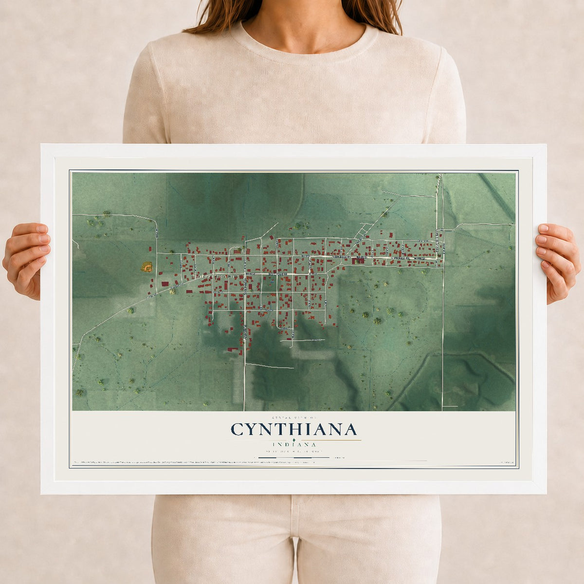 Map of Cynthiana, Indiana, 12 x 18 inch print in a white wood frame
