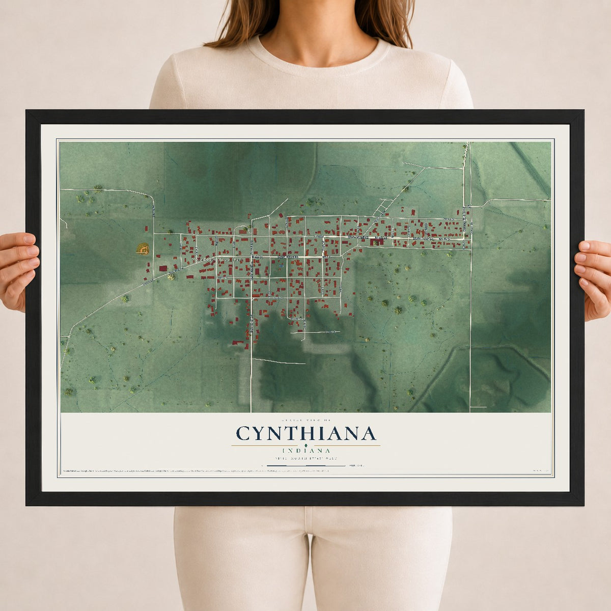 Map of Cynthiana, Indiana, 18 x 24 inch print in a black wood frame