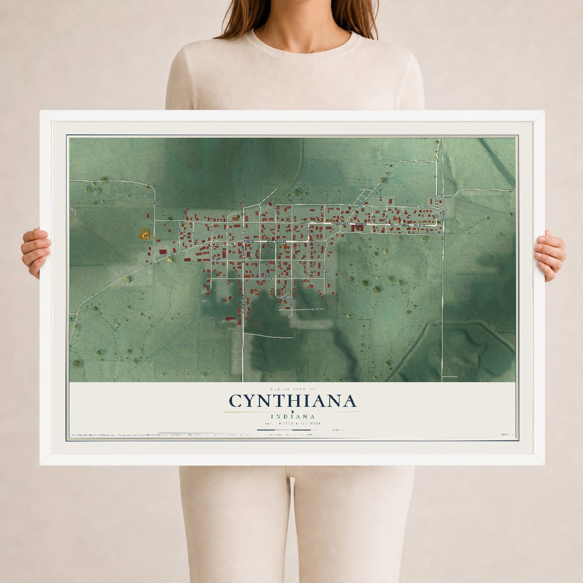 Map of Cynthiana, Indiana, 24 x 36 inch print in a white wood frame
