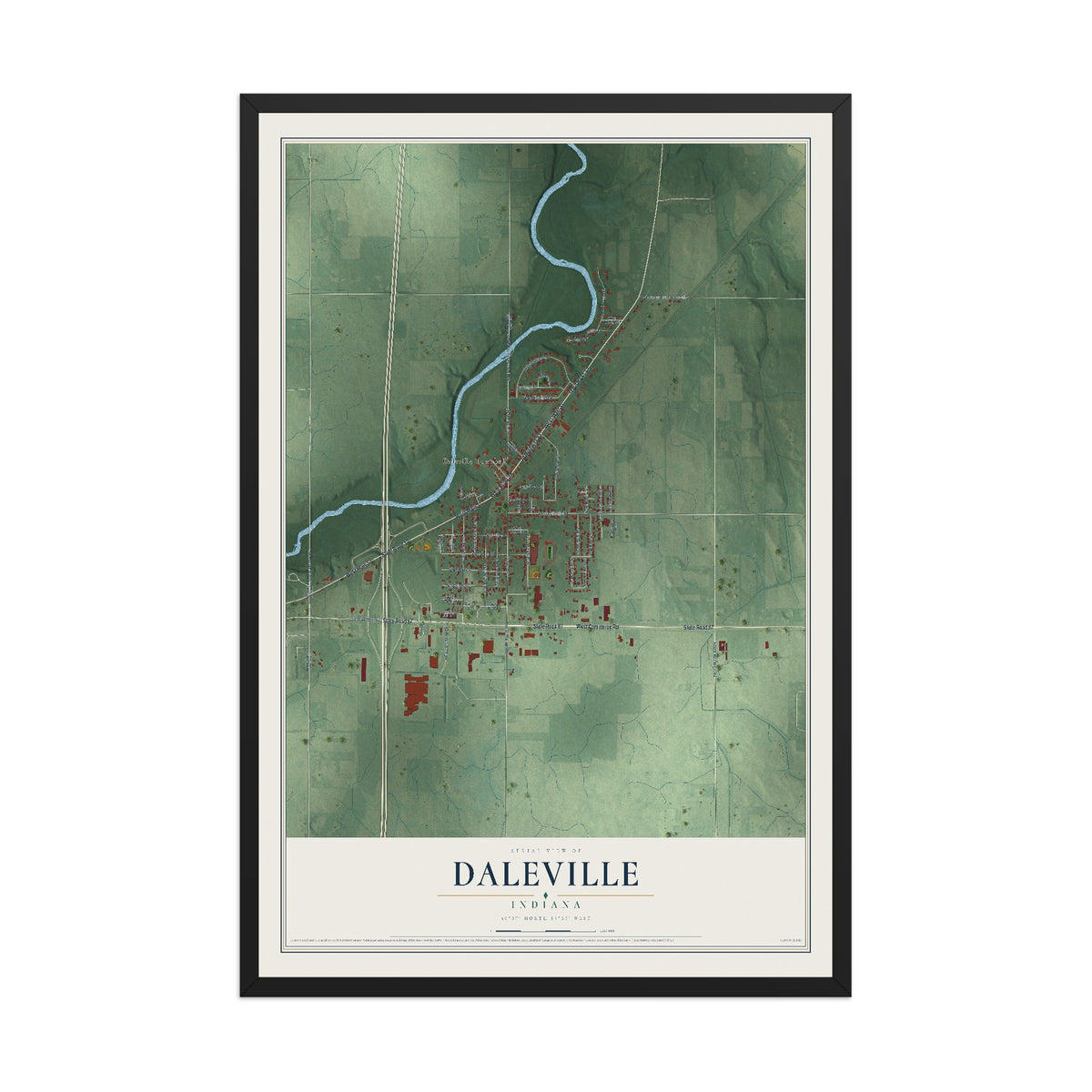 Map of Daleville, Indiana, 12 x 18 inch print in a black wood frame