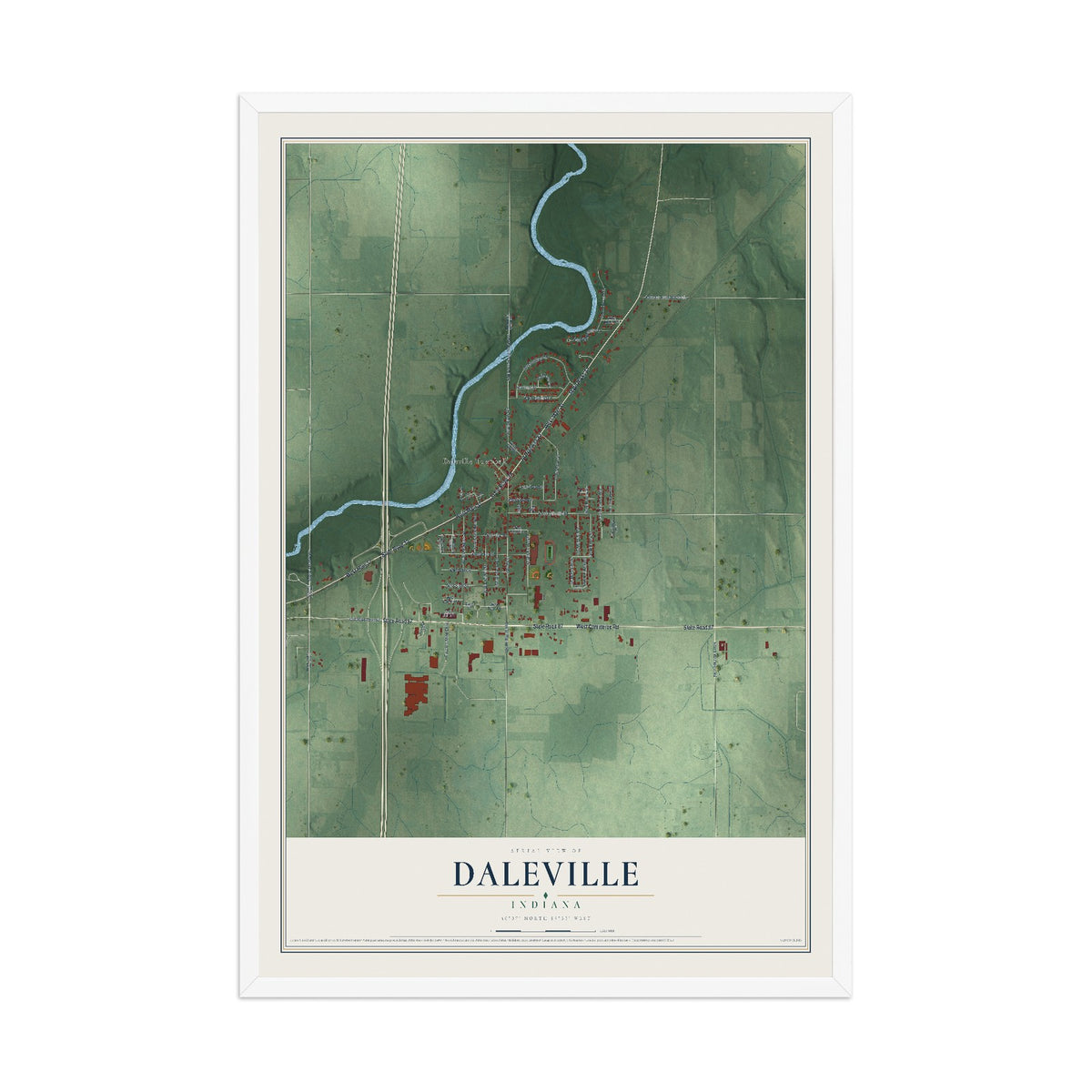 Map of Daleville, Indiana, 12 x 18 inch print in a white wood frame