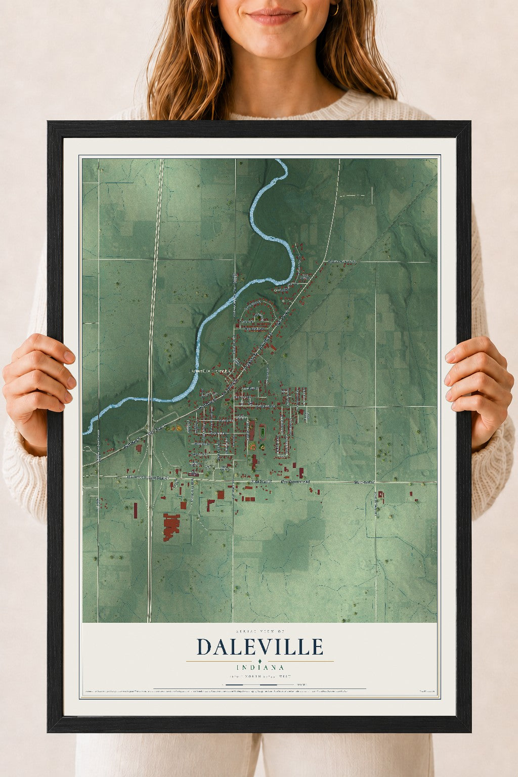 Map of Daleville, Indiana, 18 x 24 inch print in a black wood frame