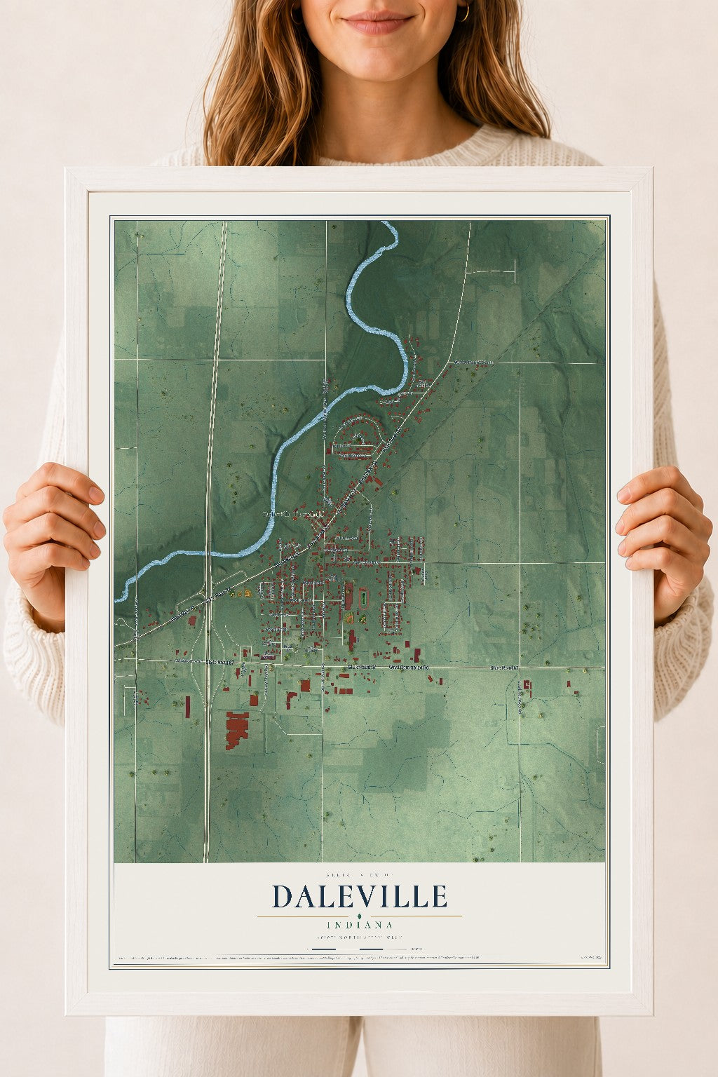 Map of Daleville, Indiana, 18 x 24 inch print in a white wood frame