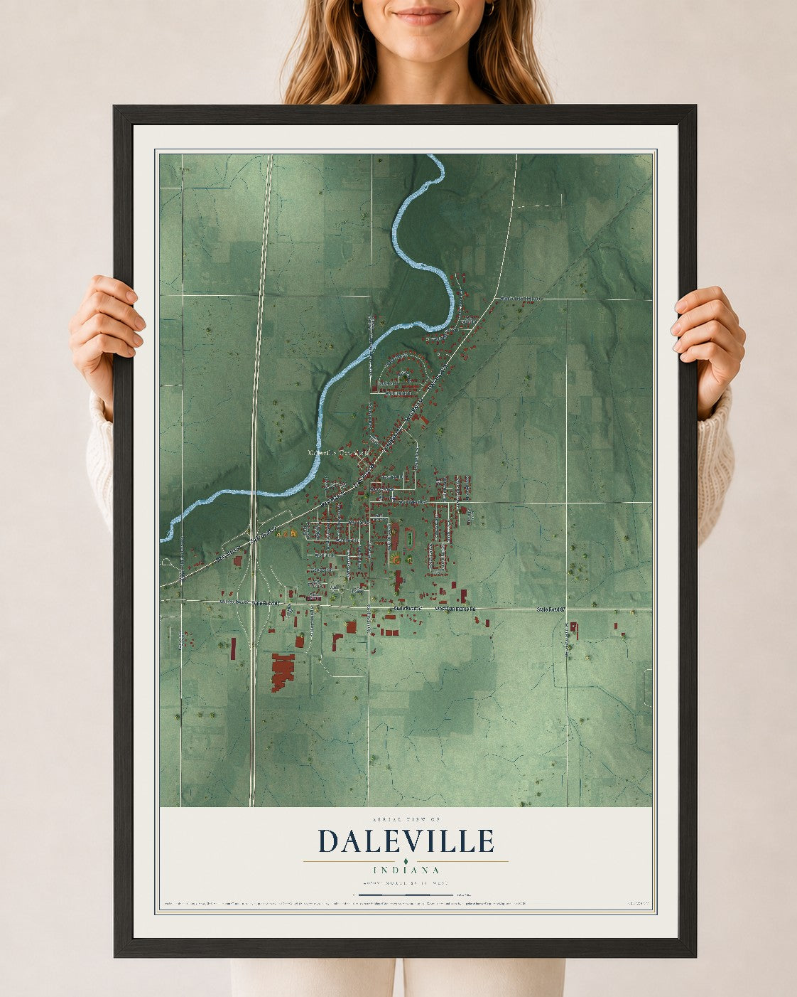 Map of Daleville, Indiana, 24 x 36 inch print in a black wood frame