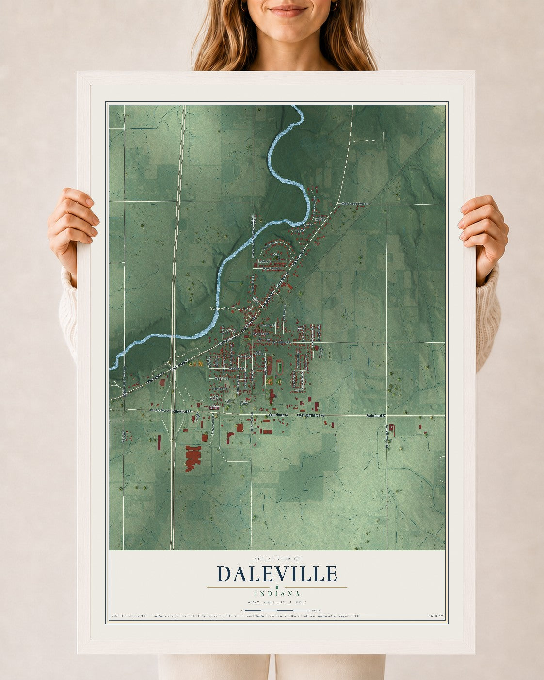 Map of Daleville, Indiana, 24 x 36 inch print in a white wood frame