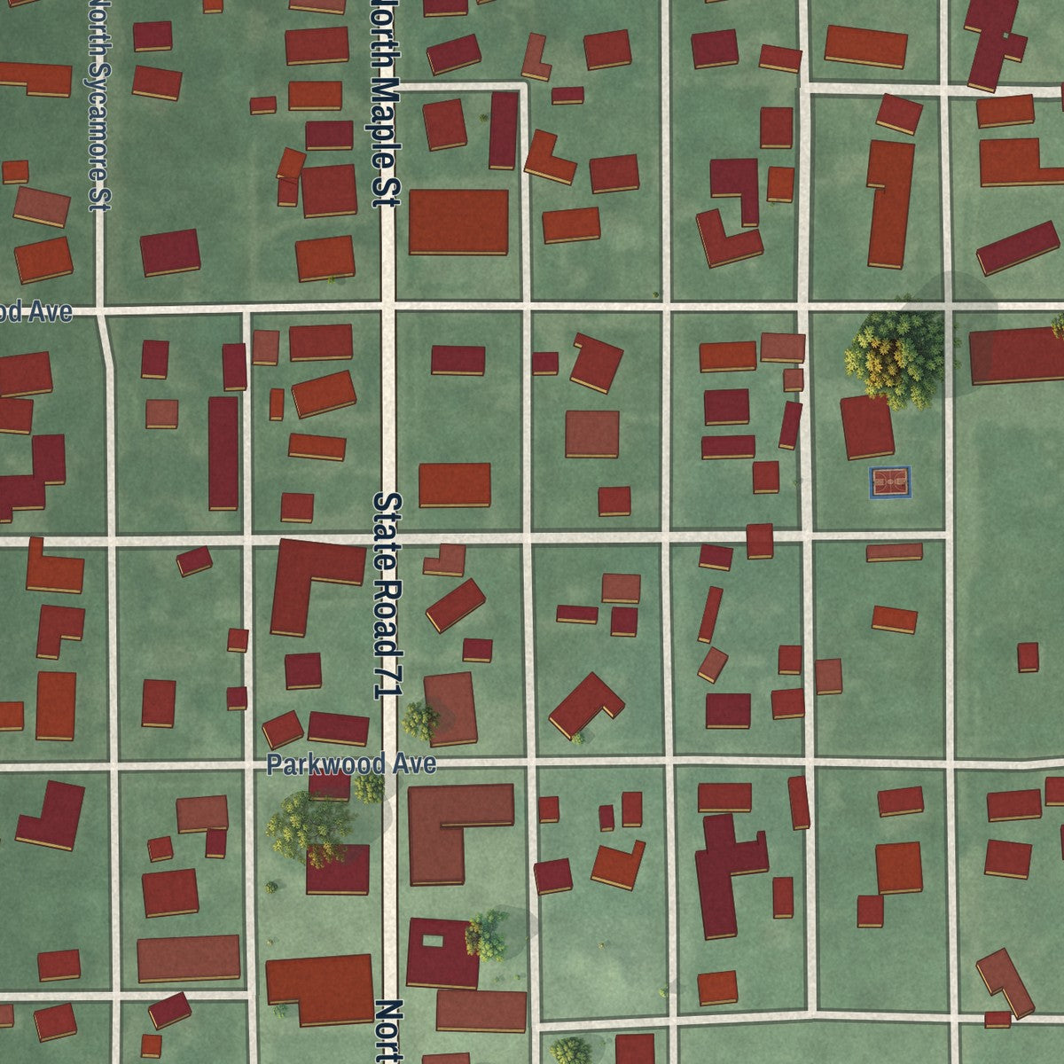 Close-up of the map of Dana, Indiana print showing street and building detail