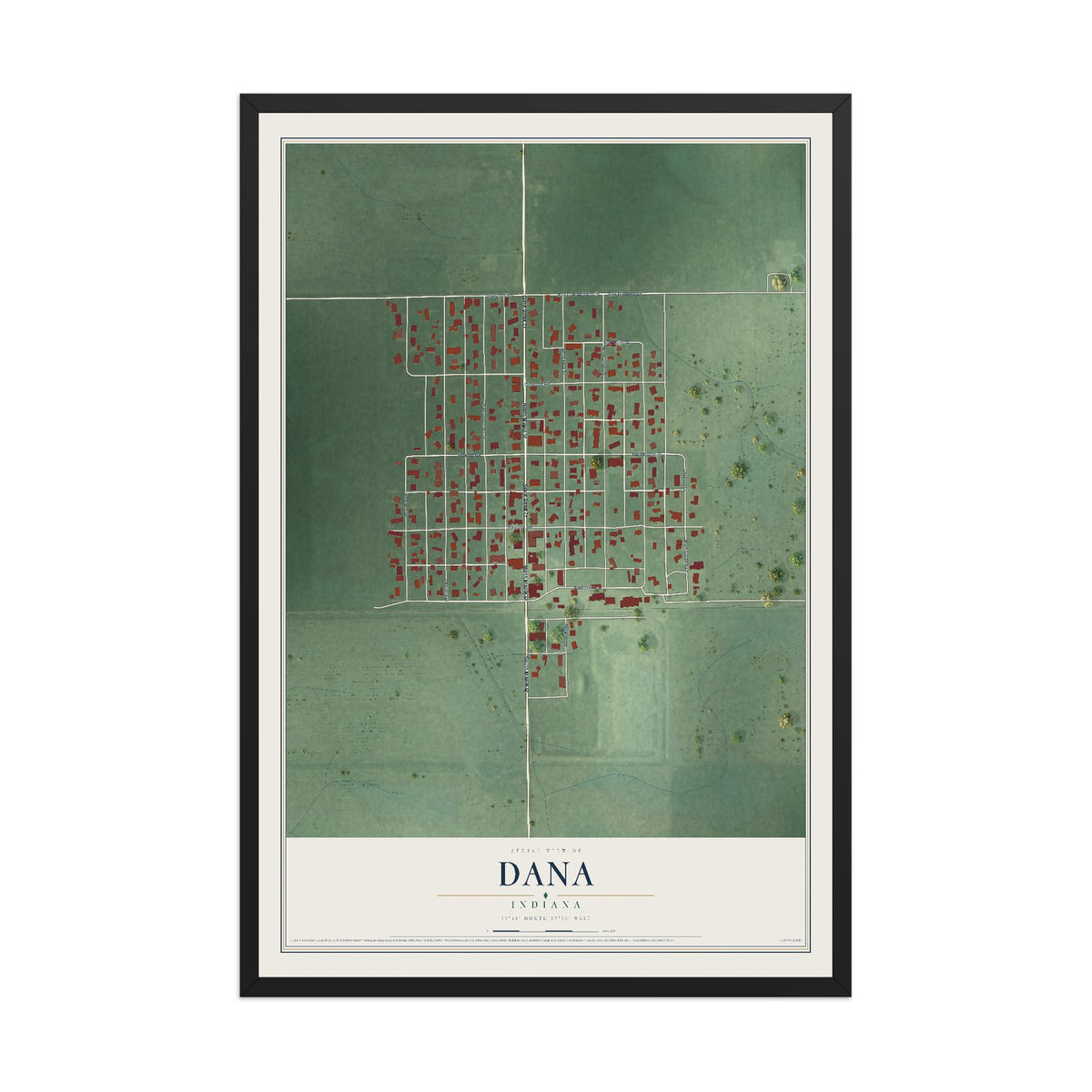Map of Dana, Indiana, 12 x 18 inch print in a black wood frame