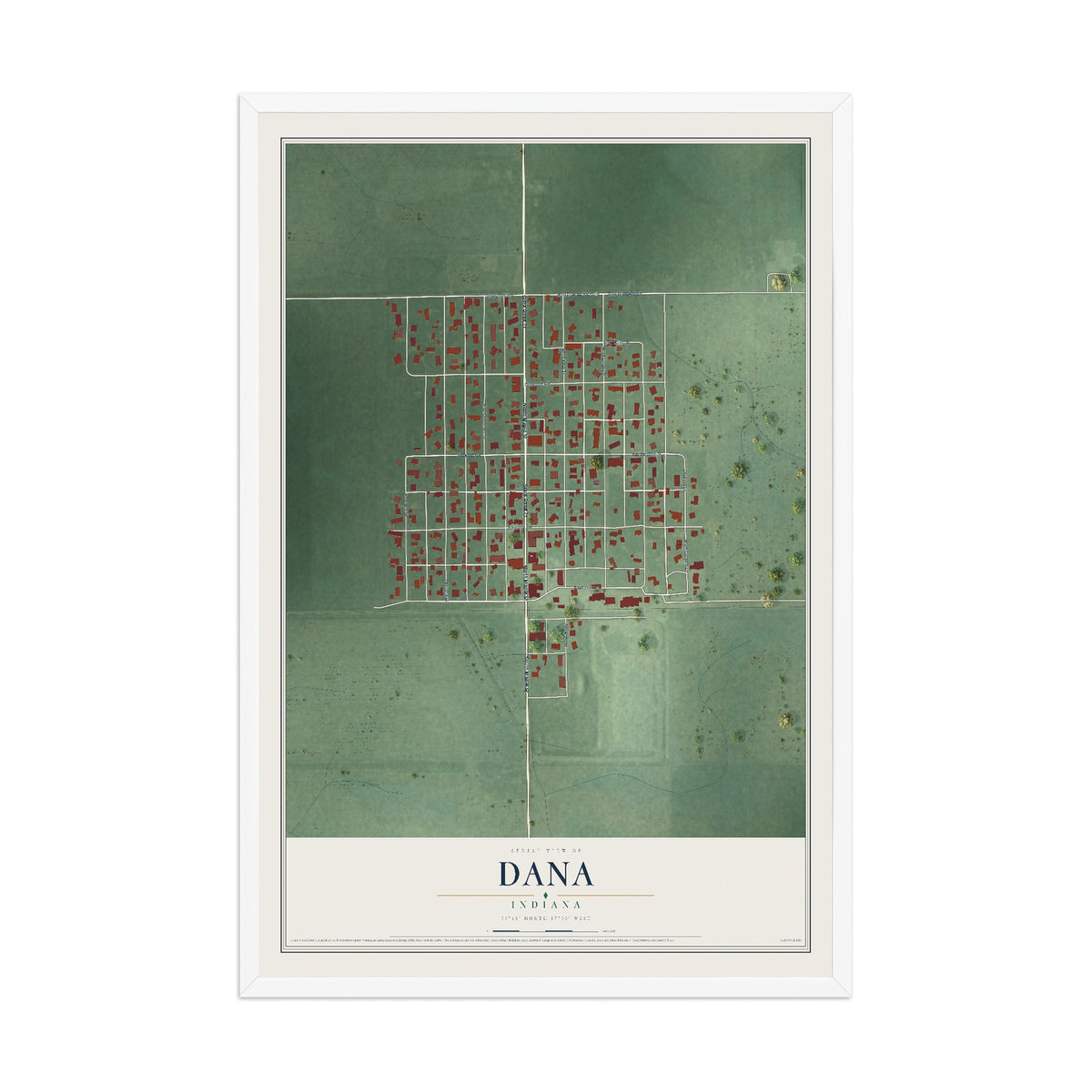 Map of Dana, Indiana, 12 x 18 inch print in a white wood frame