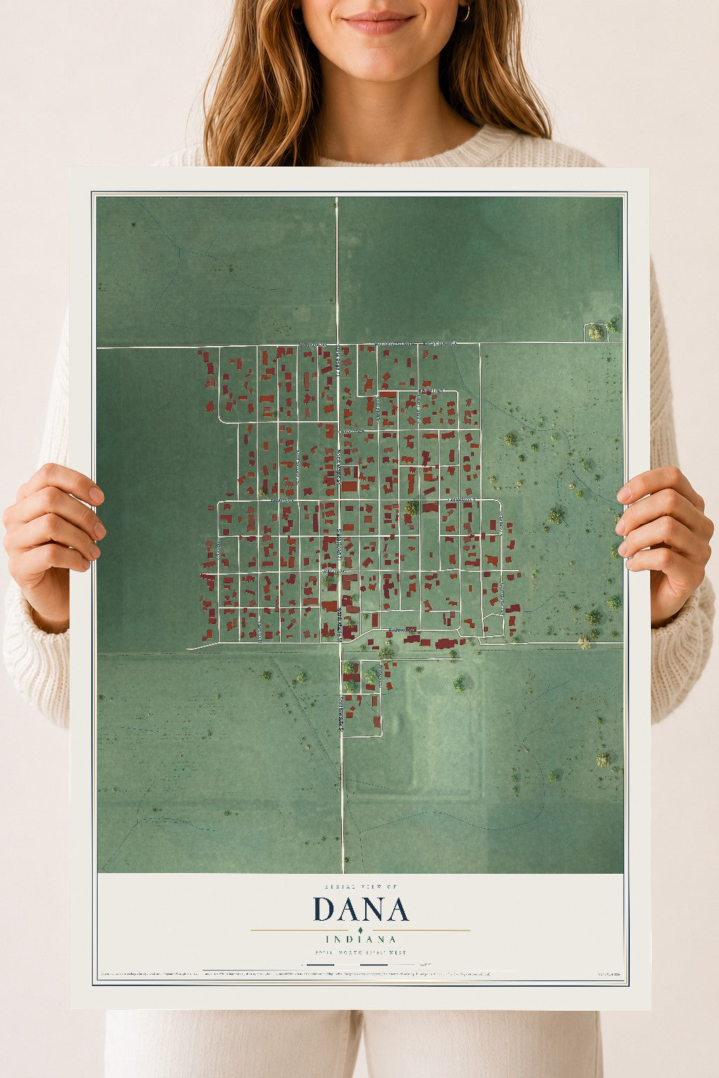 Map of Dana, Indiana, 18 x 24 inch unframed archival matte print