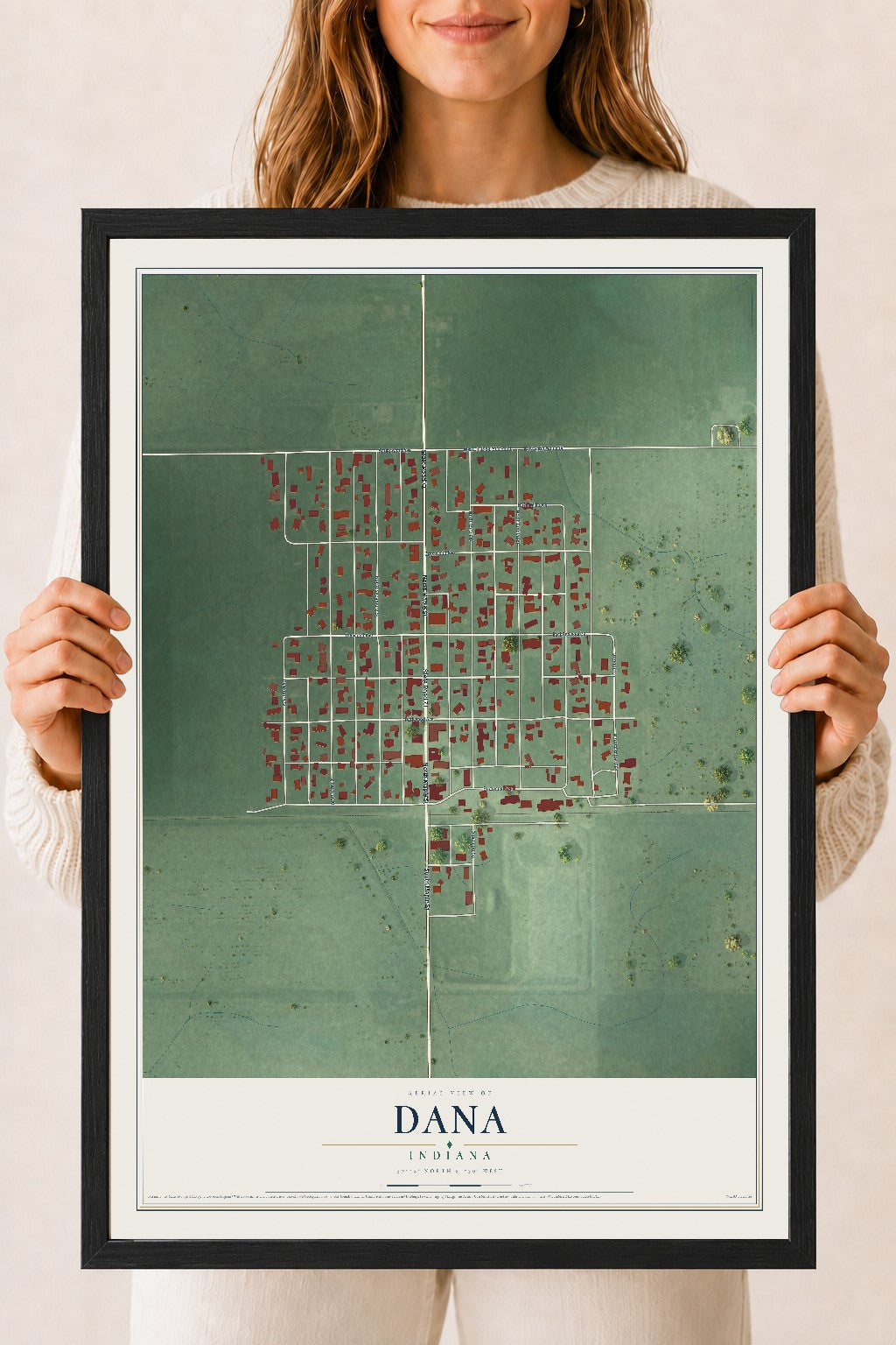 Map of Dana, Indiana, 18 x 24 inch print in a black wood frame