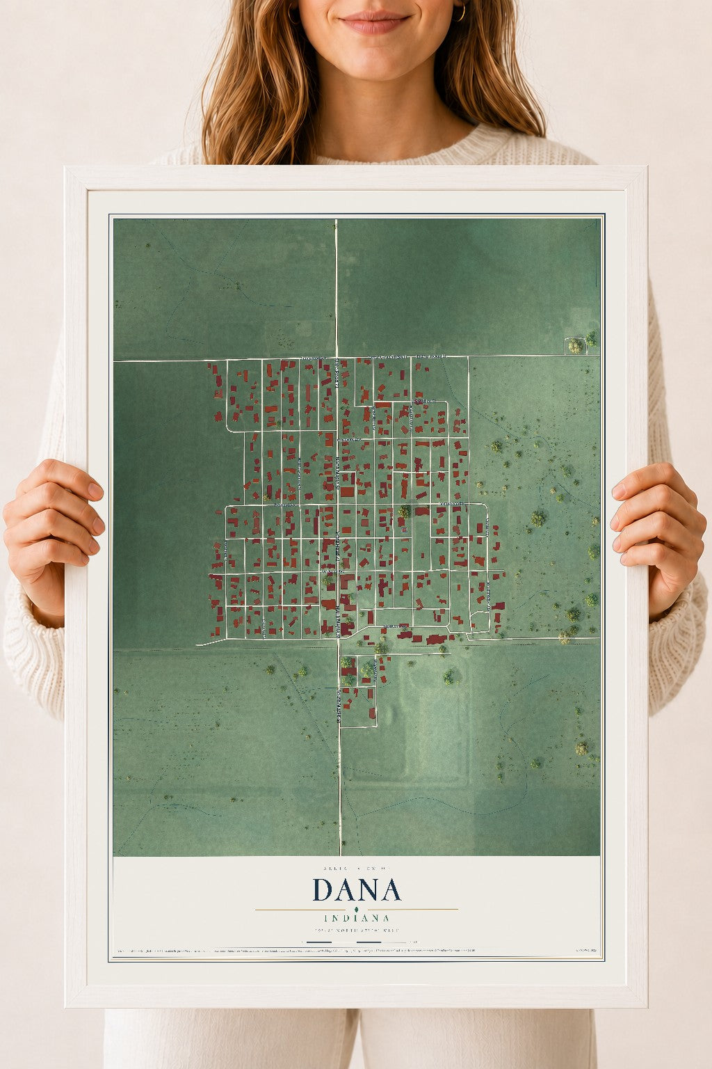 Map of Dana, Indiana, 18 x 24 inch print in a white wood frame