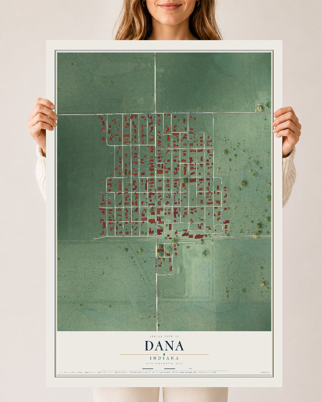 Map of Dana, Indiana, 24 x 36 inch unframed archival matte print
