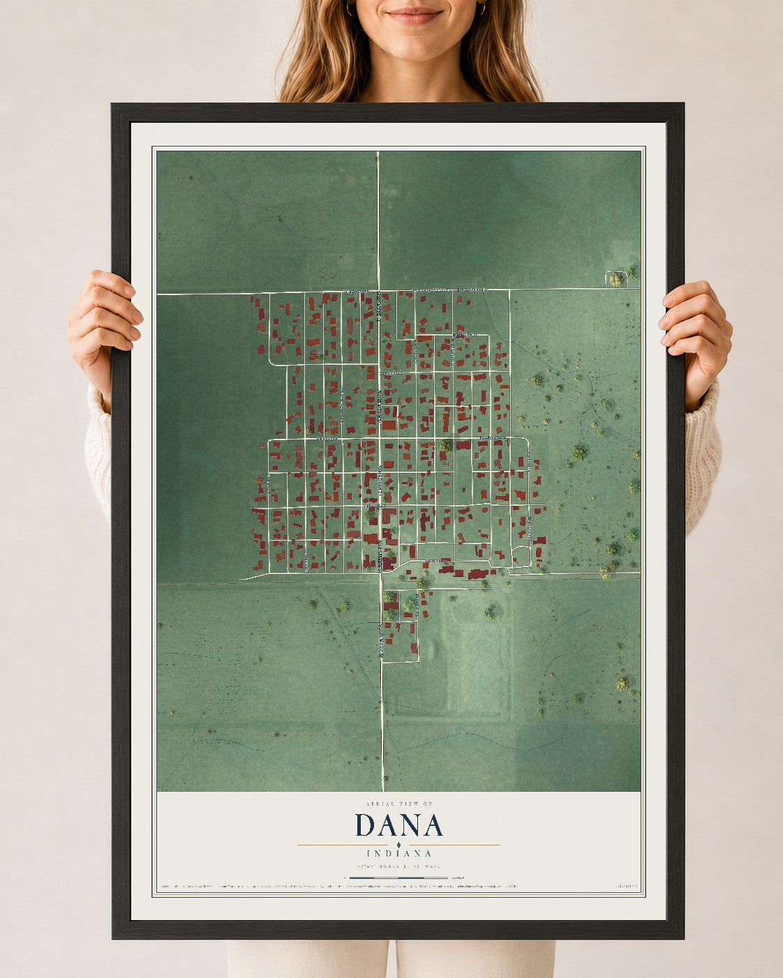 Map of Dana, Indiana, 24 x 36 inch print in a black wood frame