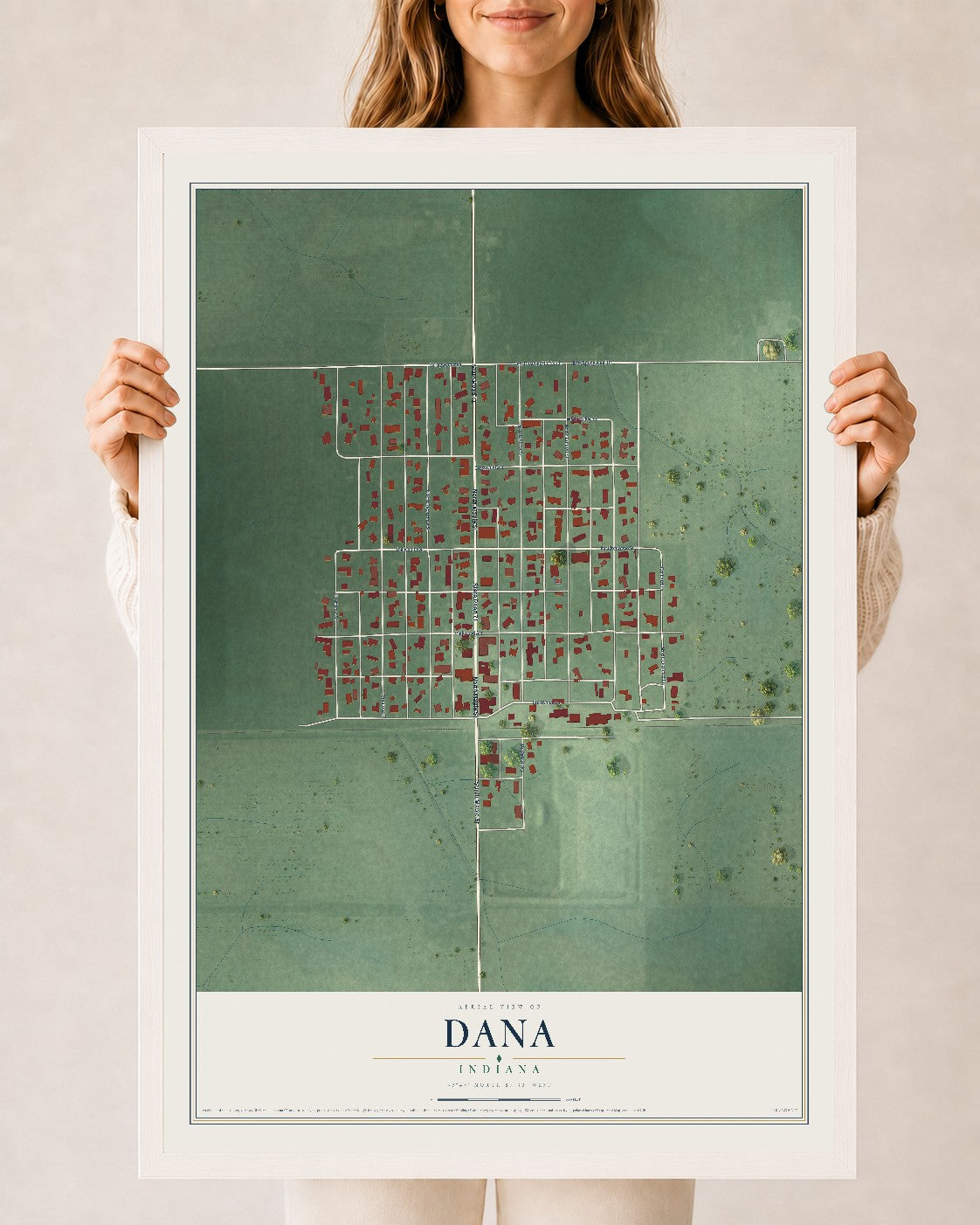 Map of Dana, Indiana, 24 x 36 inch print in a white wood frame