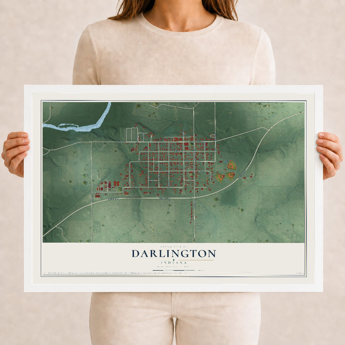 Map of Darlington, Indiana, 12 x 18 inch print in a white wood frame