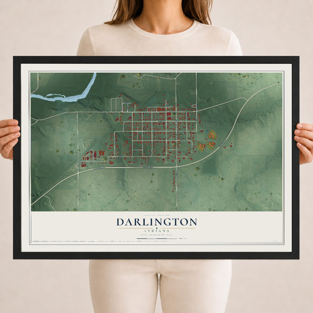 Map of Darlington, Indiana, 18 x 24 inch print in a black wood frame
